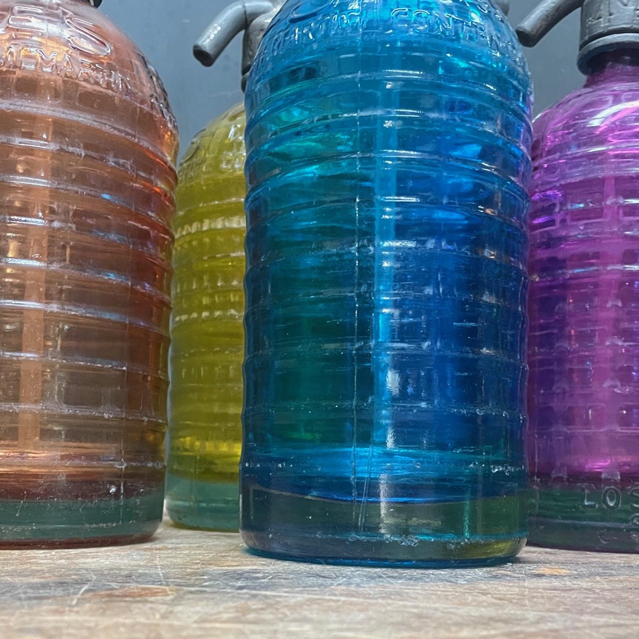 1940s Lourdes Siphon Seltzer Soda Bottle Collection Colorful Glass Vintage Decor In Distressed Condition For Sale In Hyattsville, MD