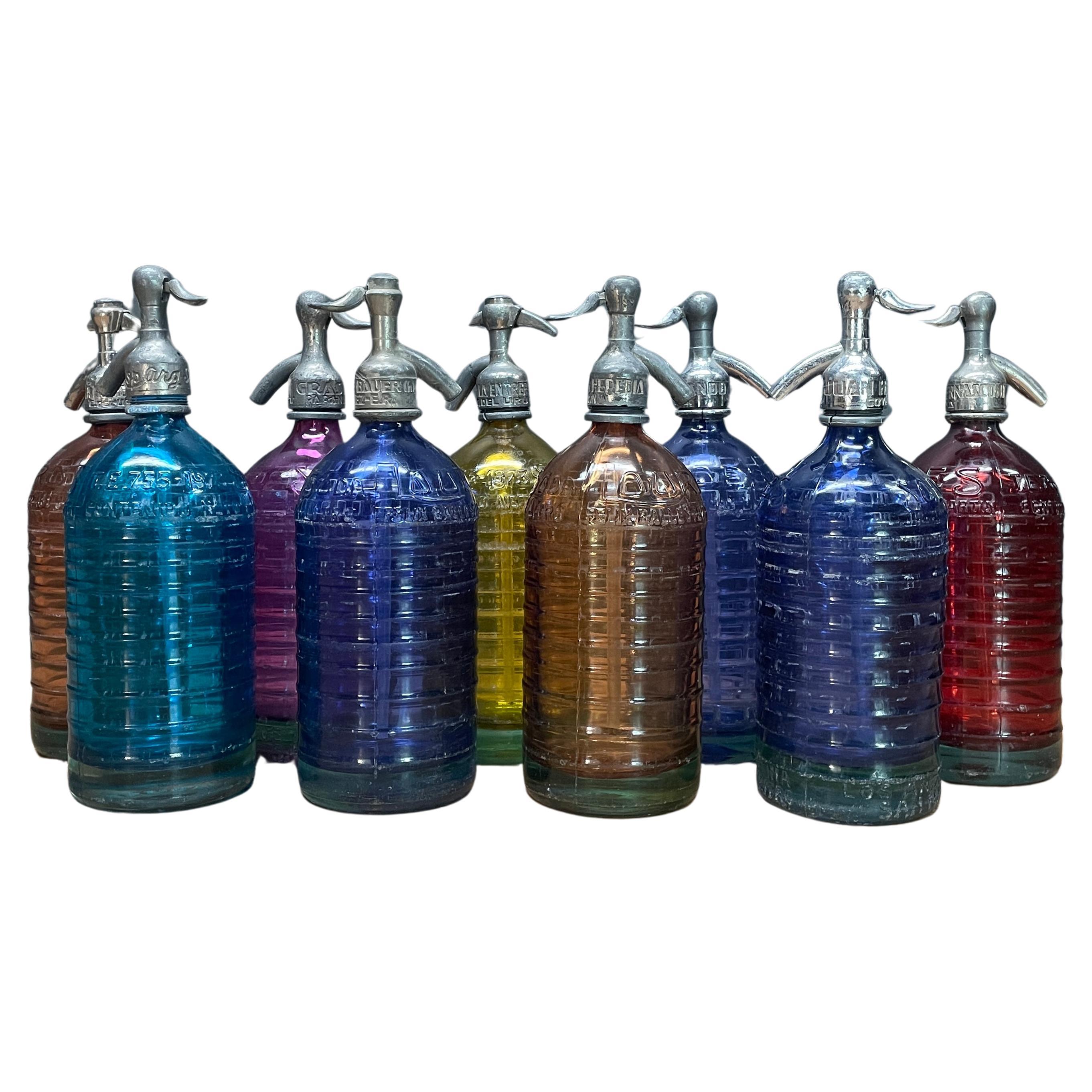 1940s Lourdes Siphon Seltzer Soda Bottle Collection Colorful Glass Vintage Decor For Sale