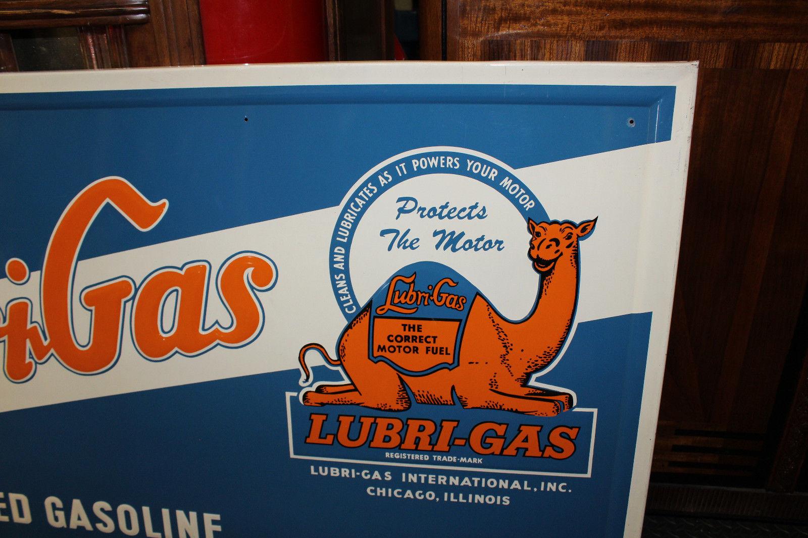 American 1940s Lubri-Gas Gasoline Tin Advertising Sign For Sale
