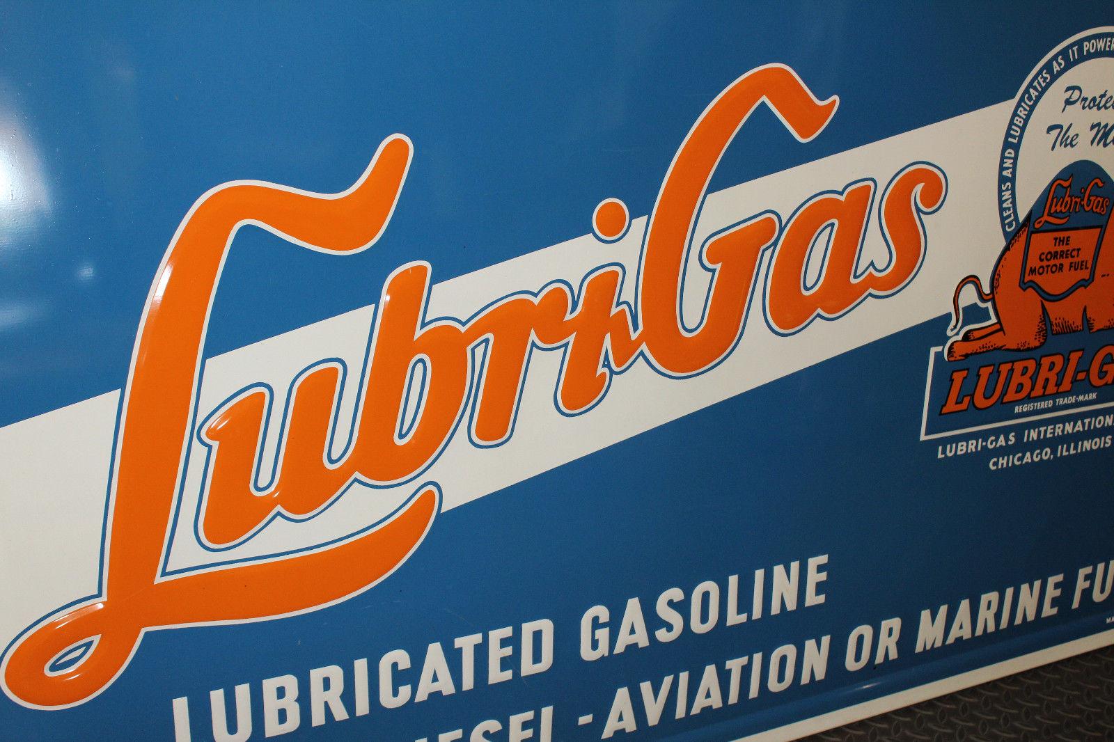1940s Lubri-Gas Gasoline Tin Advertising Sign For Sale 1