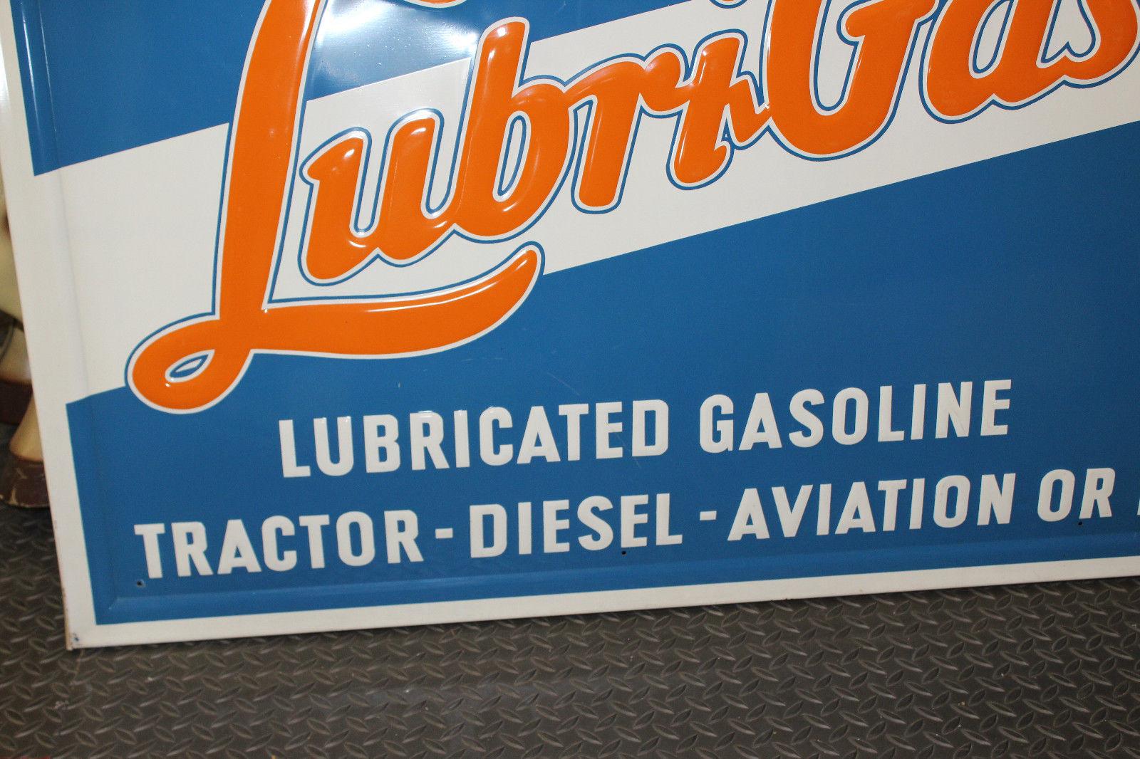 1940s Lubri-Gas Gasoline Tin Advertising Sign For Sale 2