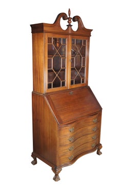 1940s Maddox Chippendale Mahogany Serpentine Secretary Writing Desk Bookcase