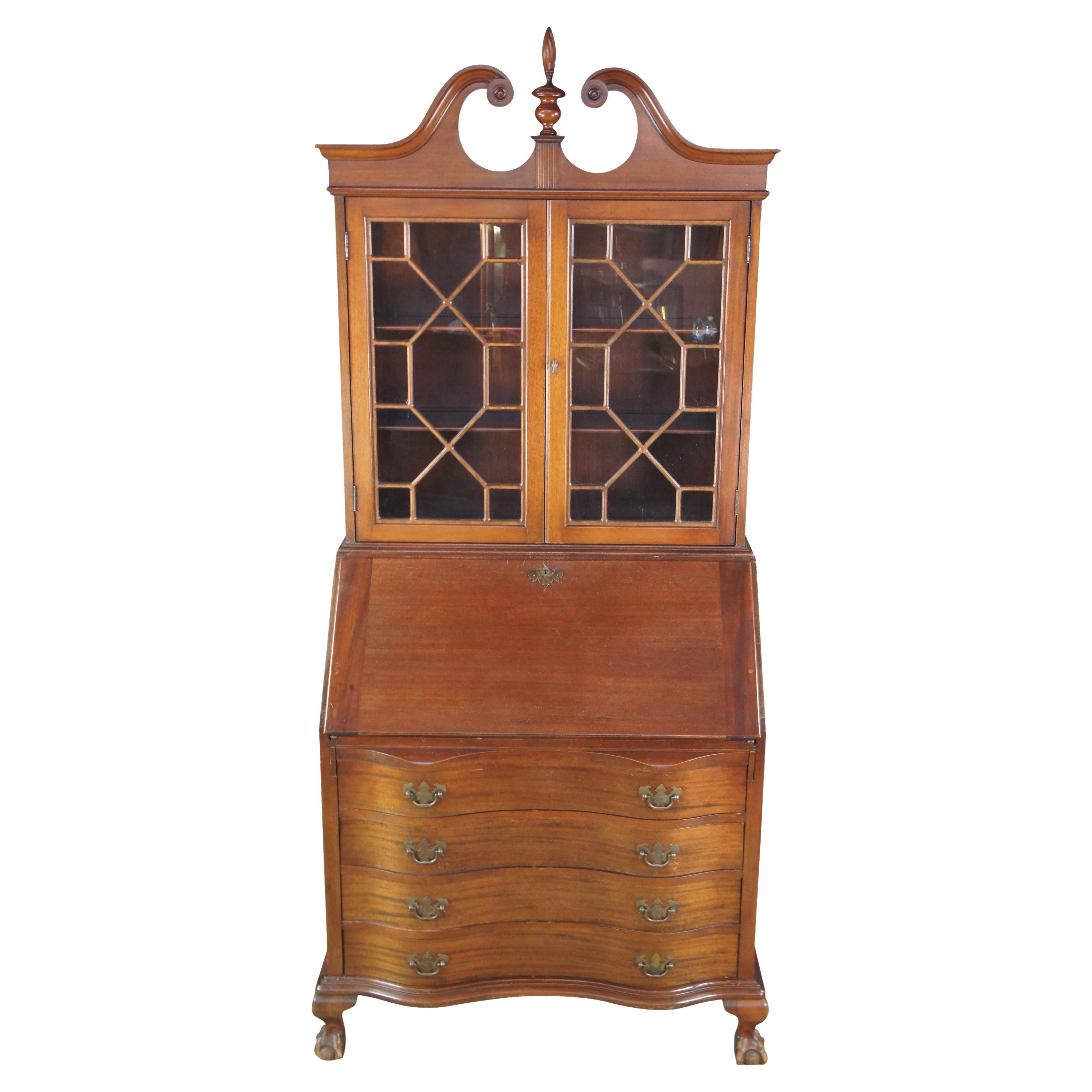 1940s Maddox Chippendale Mahogany Serpentine Secretary Writing Desk Bookcase For Sale
