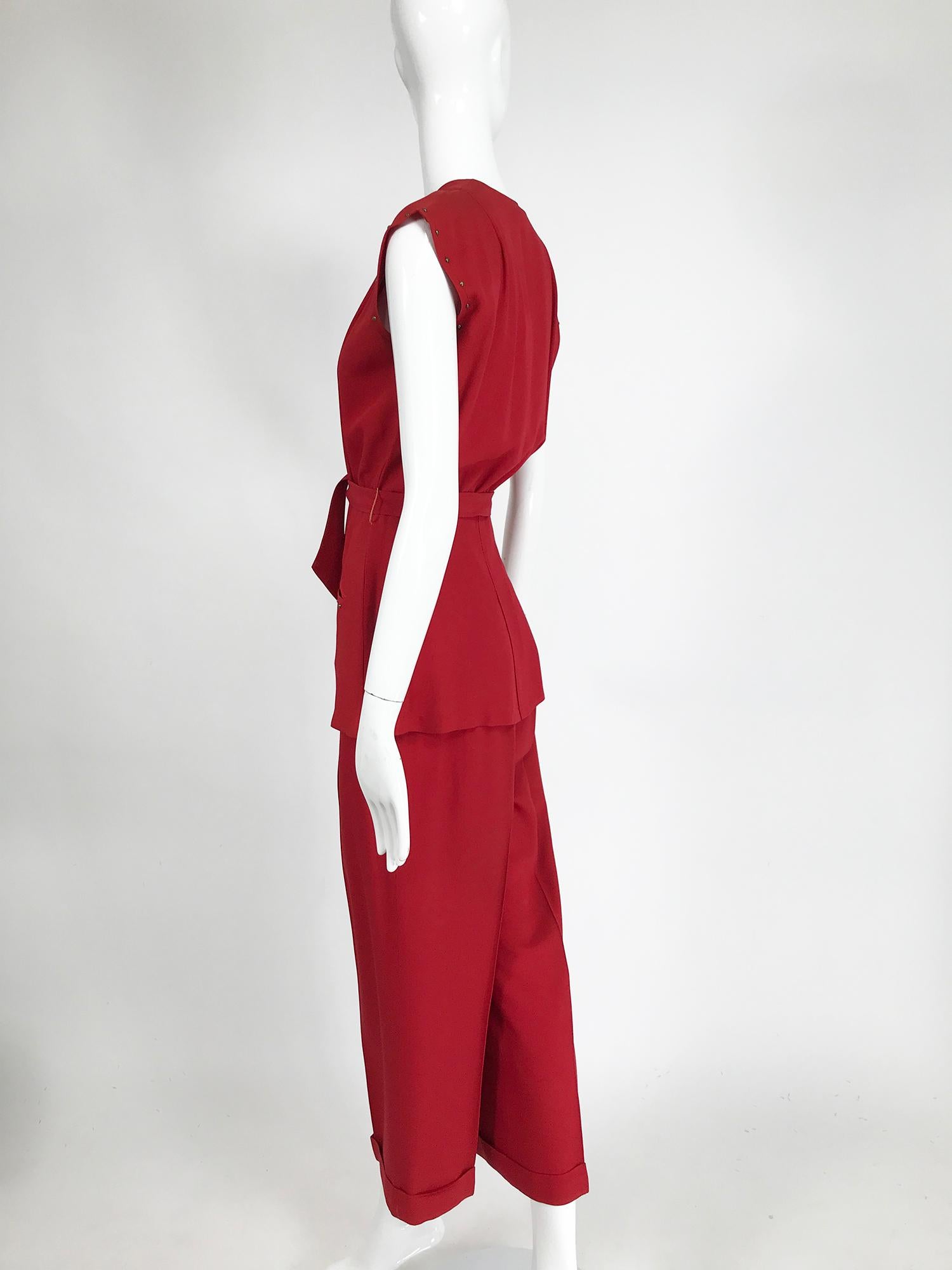 Women's 1940s Made in California Wine Rayon Gabardine Pant set with Brass Studs  