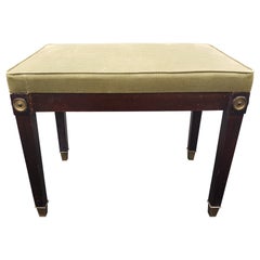 1940s Mahogany and Upholstered Bench with Brass Capped Legs and Medallions
