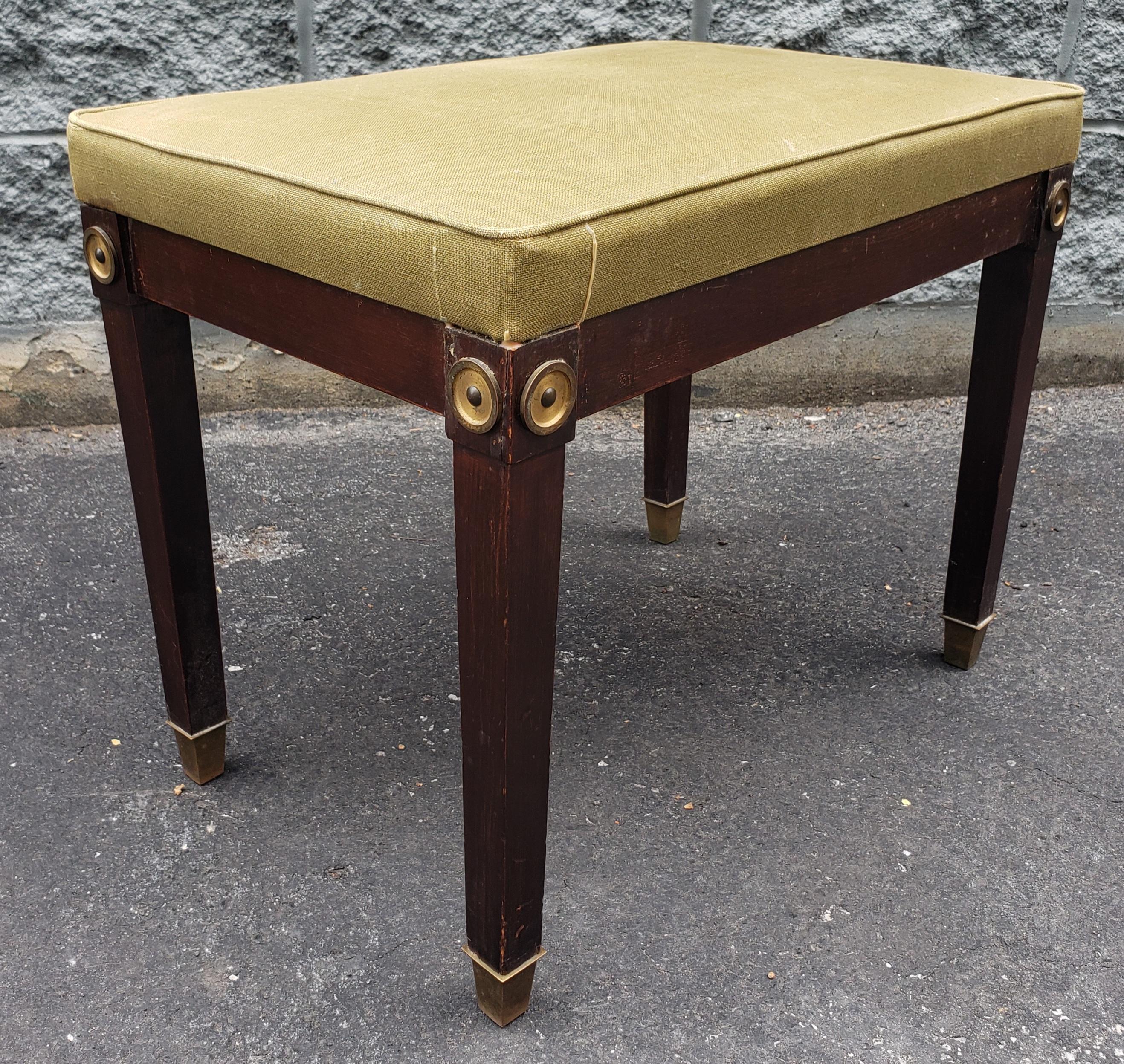 Stained 1940s Mahogany and Upholstered Bench with Brass Capped Legs and Medallions For Sale