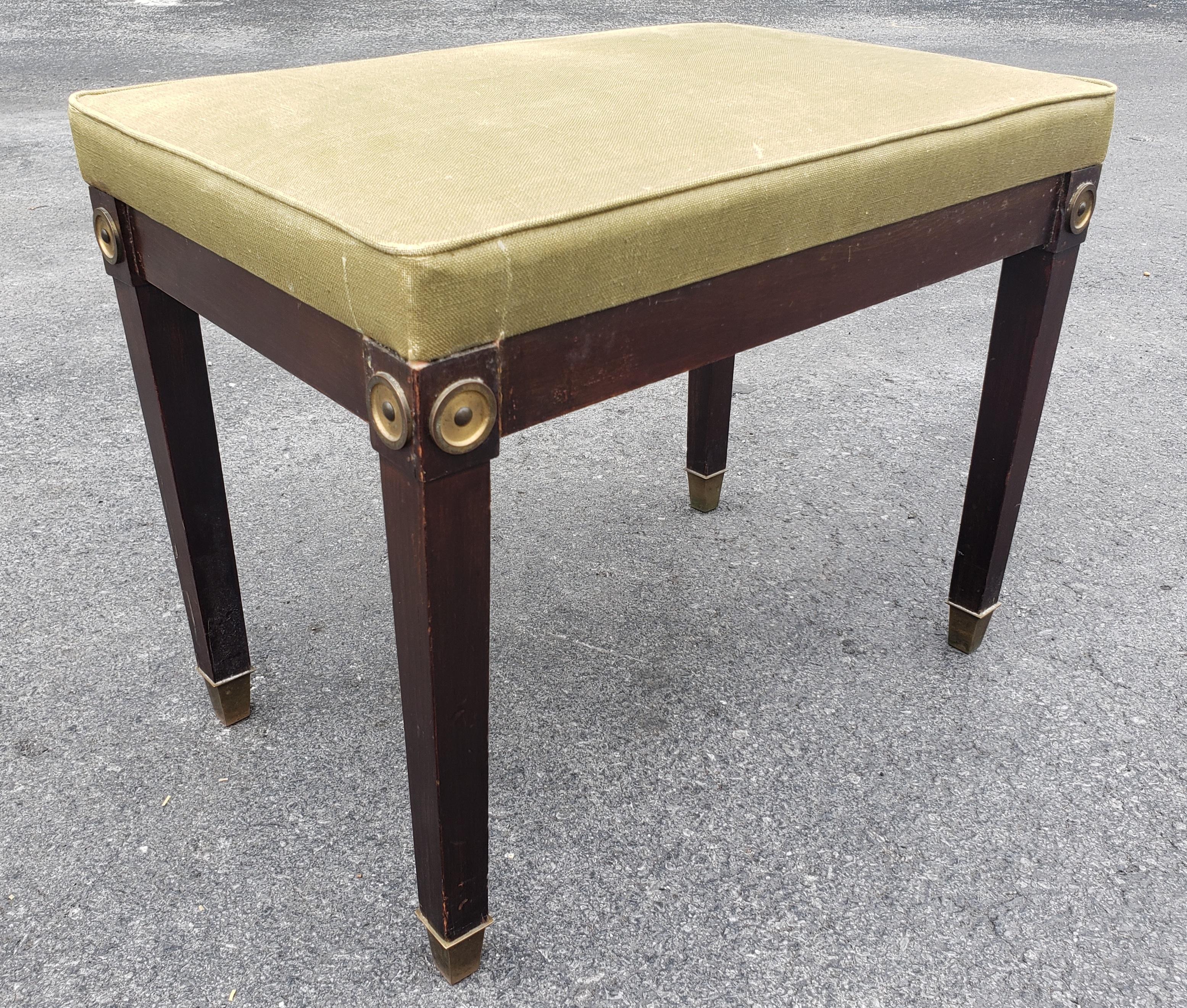 1940s Mahogany and Upholstered Bench with Brass Capped Legs and Medallions For Sale 1