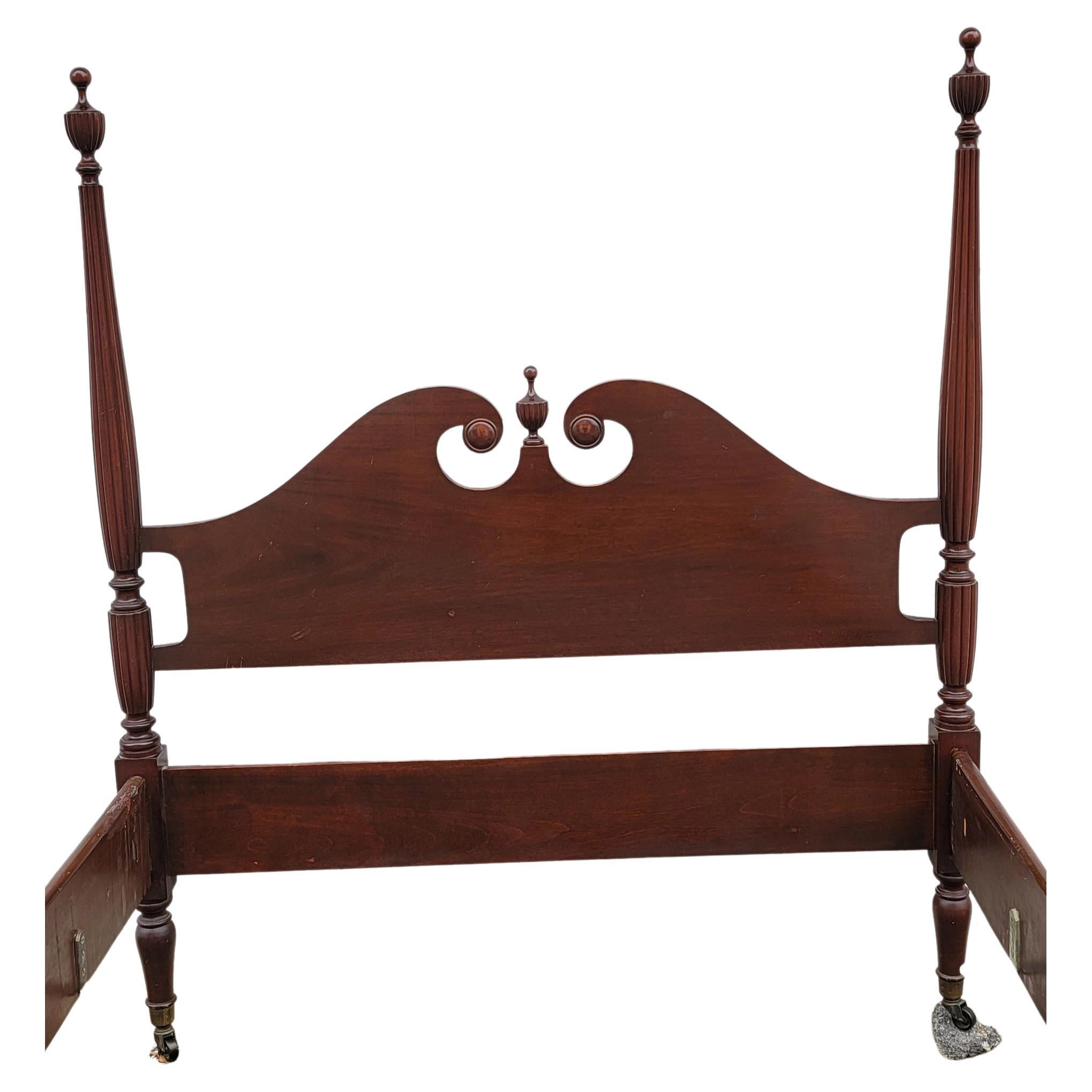1940s Mahogany Full Size 4 Poster Bed on Wheels with Urn Finials. Made off of Pure Mahogany throughout. Measures 57.5