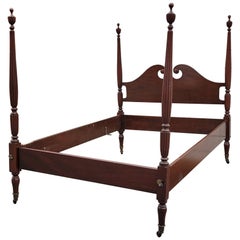 1940s Mahogany Full Size Poster Bed on Wheels with Urn Finials