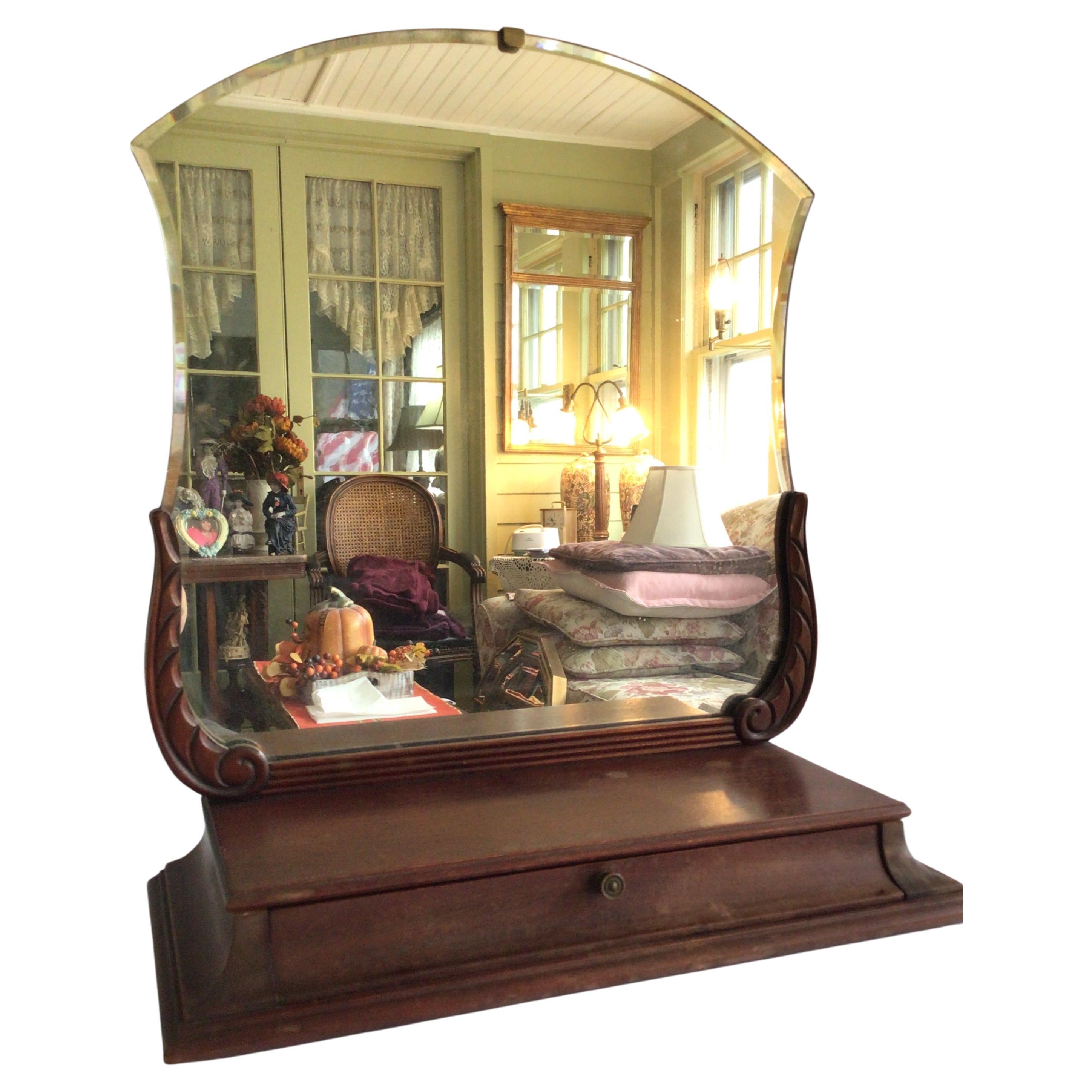 1940s Mahogany Tabletop Vanity Mirror with Drawer
Beveled Mirror Edges

