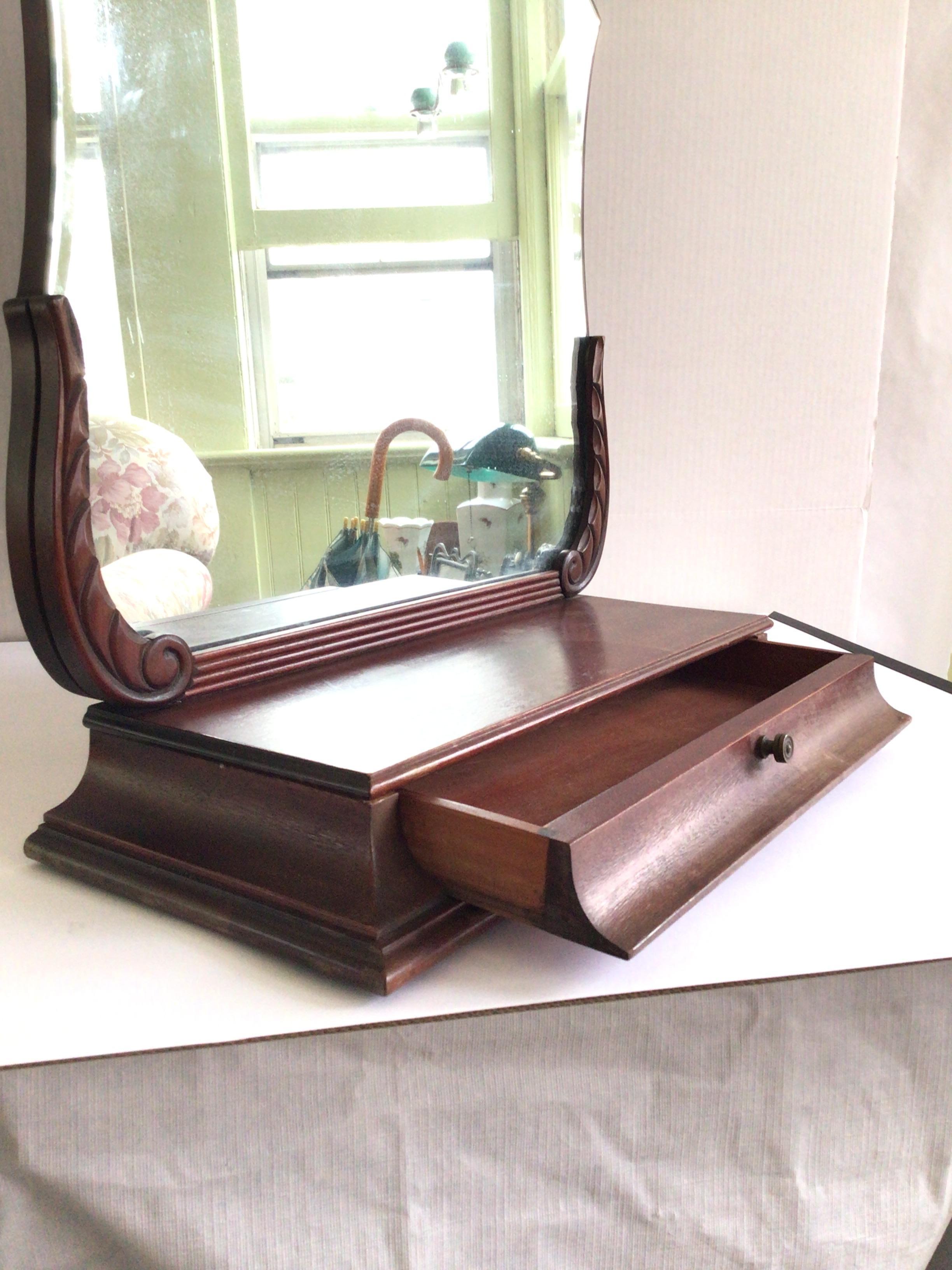 Mid-20th Century 1940s Mahogany Tabletop Vanity Mirror with Drawer For Sale