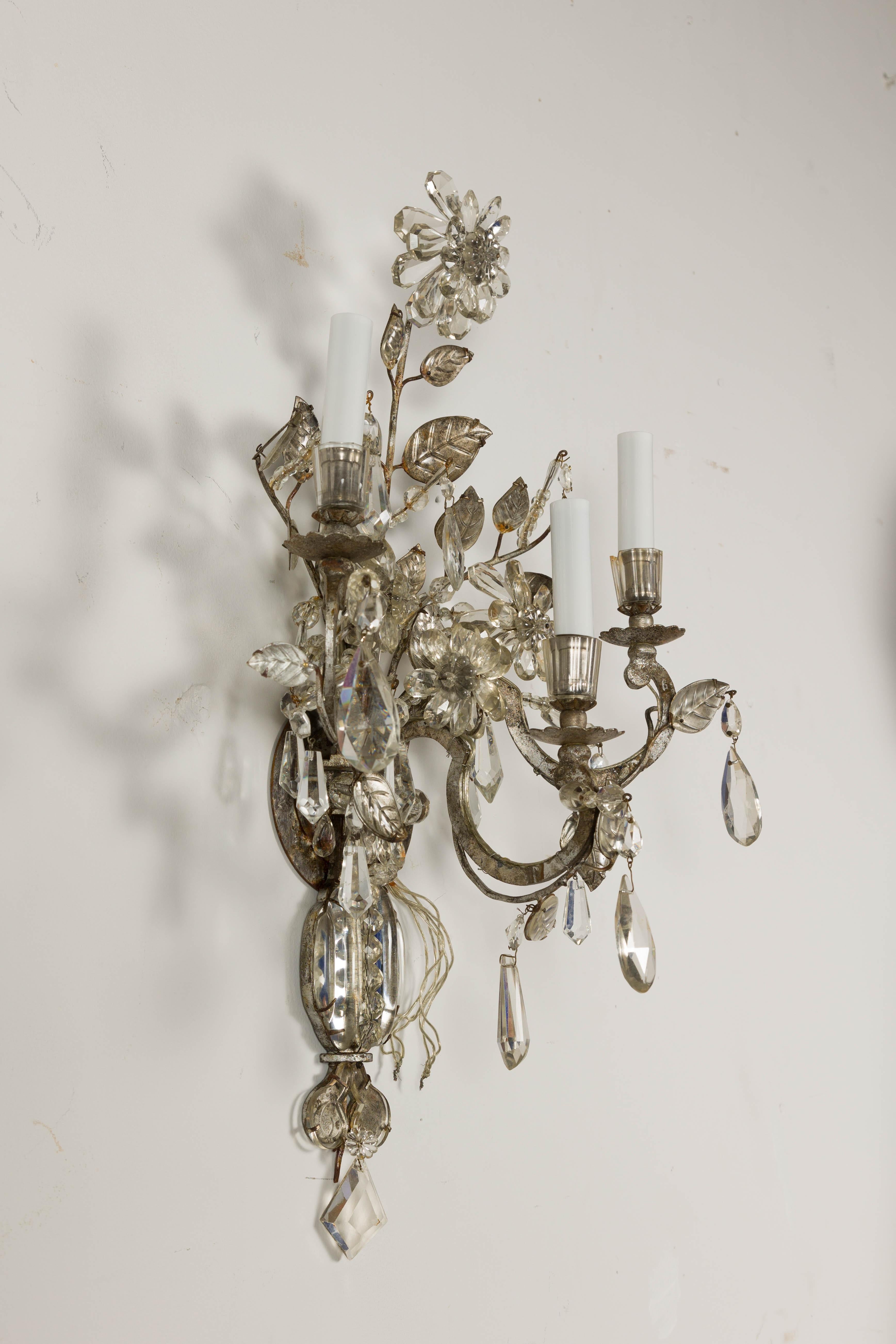 1940s Maison Baguès Crystal Three-Arm Sconces with Floral Motifs, US Wired For Sale 5