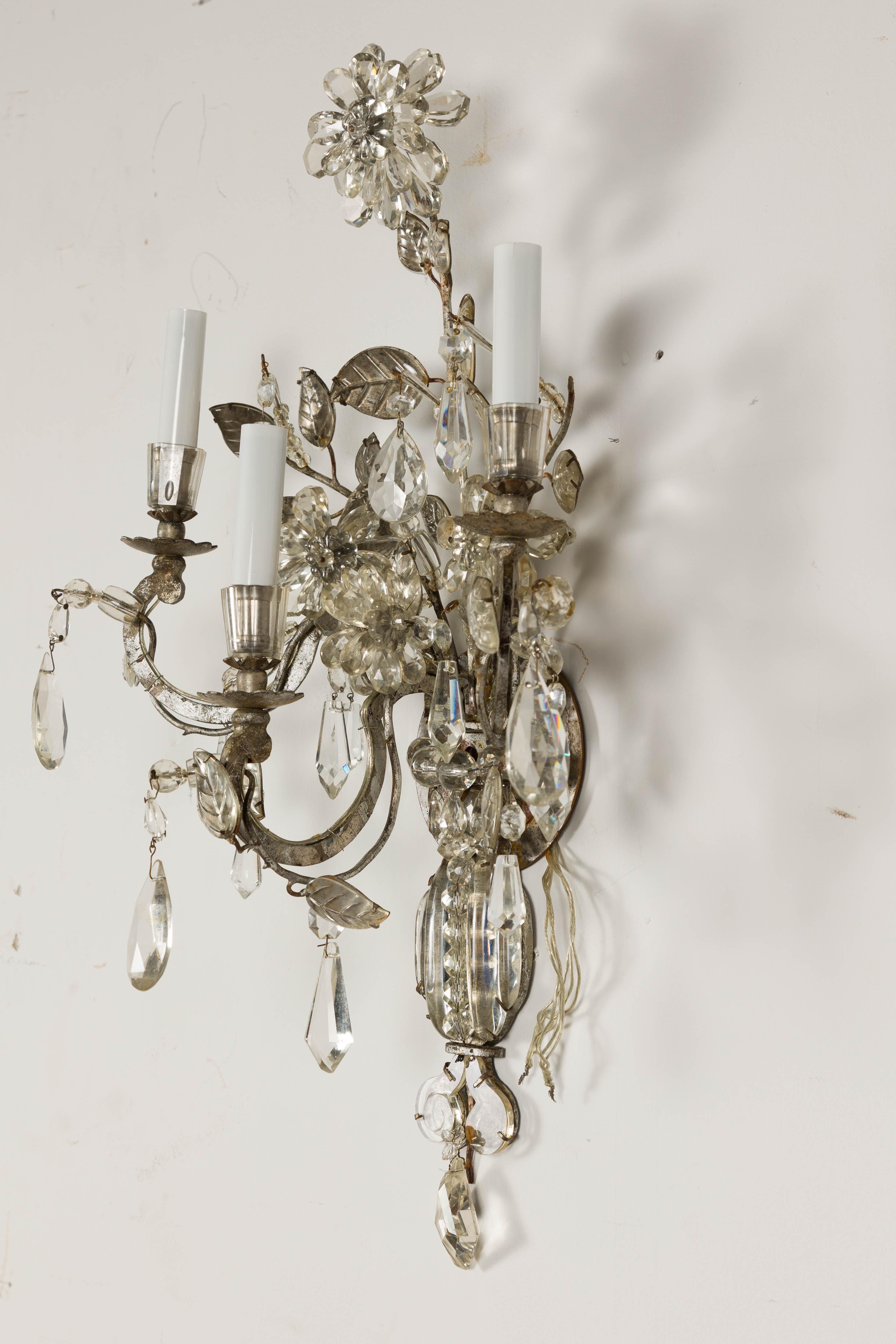 1940s Maison Baguès Crystal Three-Arm Sconces with Floral Motifs, US Wired For Sale 6