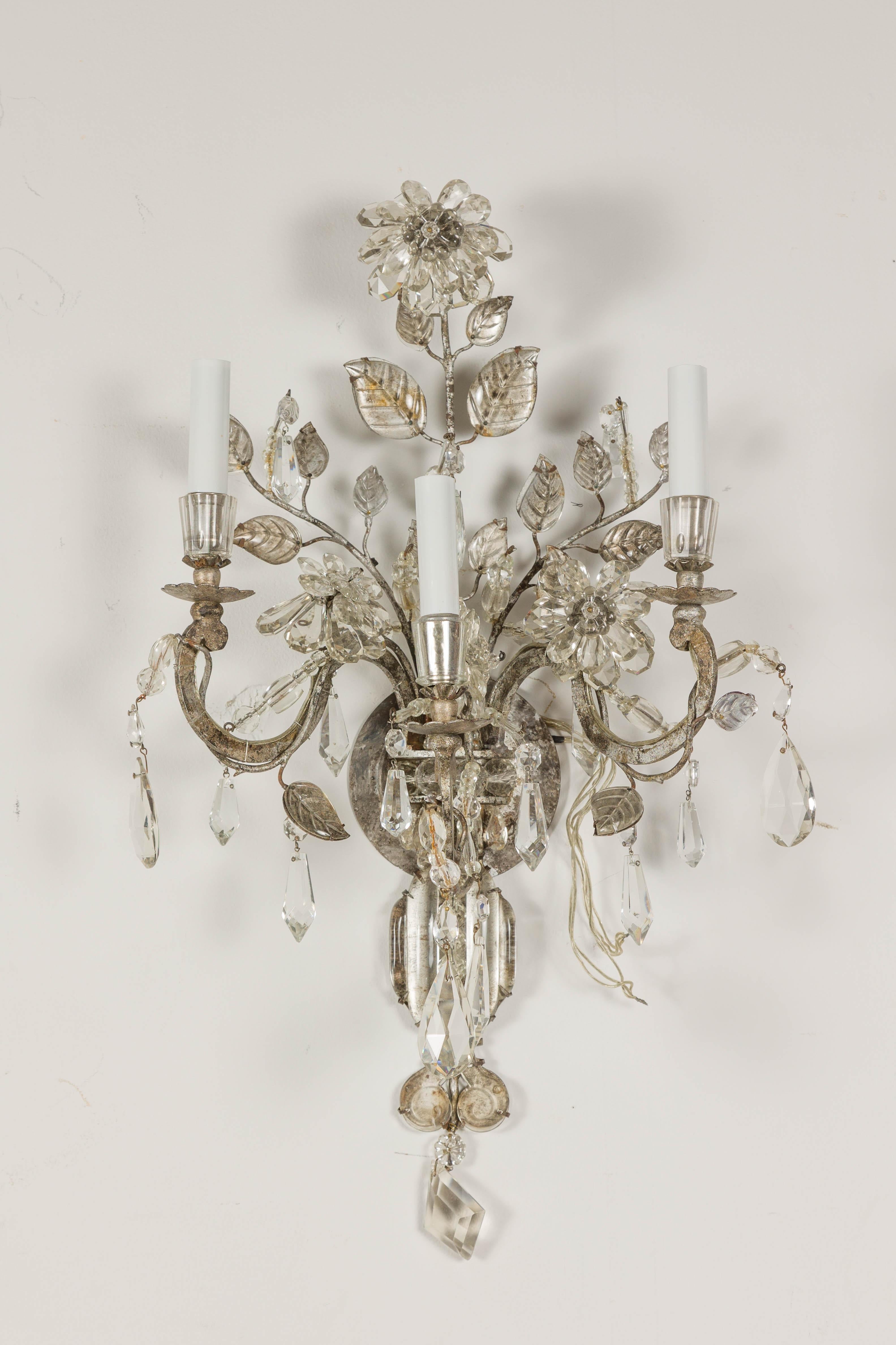 1940s Maison Baguès Crystal Three-Arm Sconces with Floral Motifs, US Wired For Sale 7