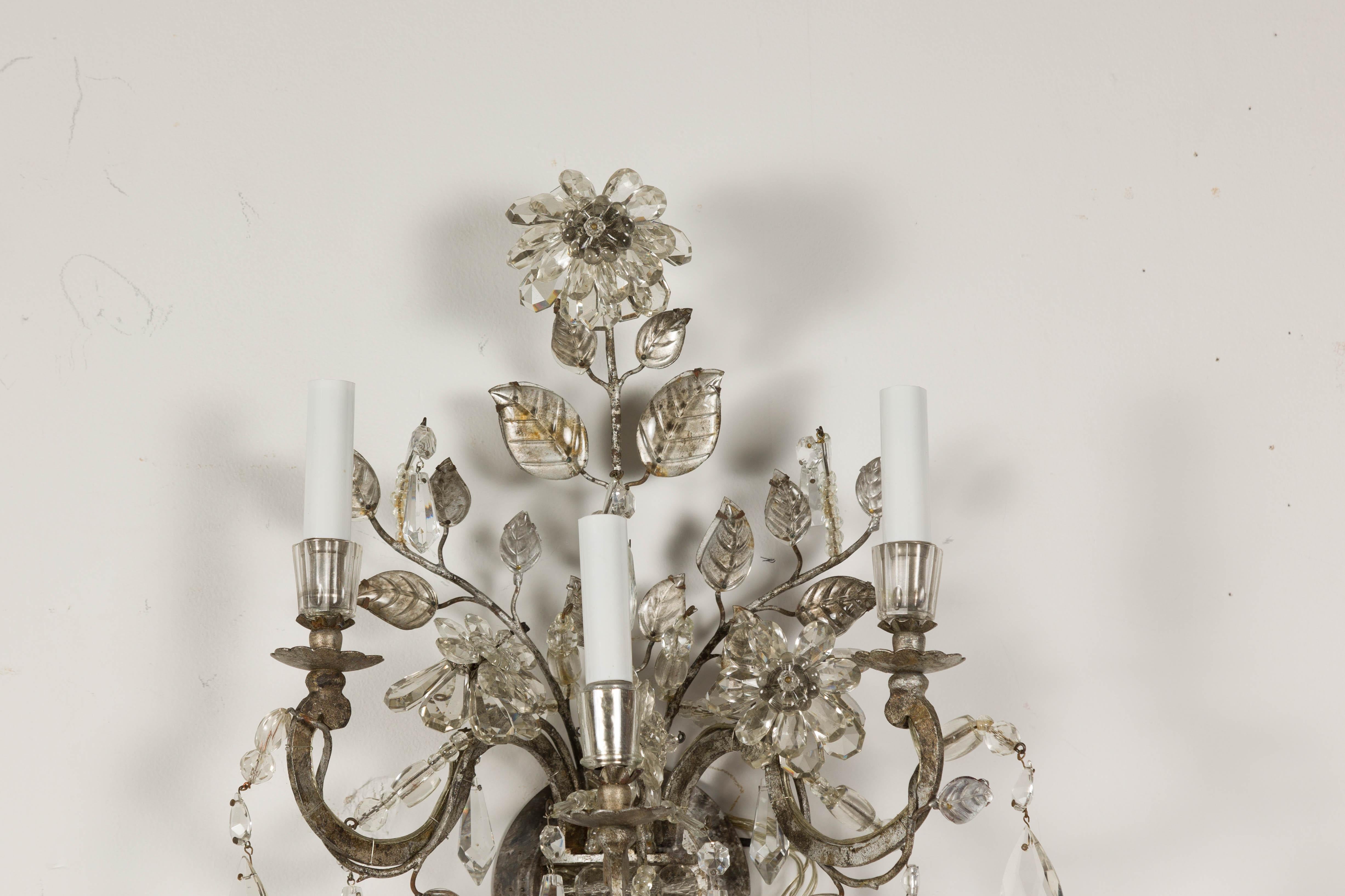 1940s Maison Baguès Crystal Three-Arm Sconces with Floral Motifs, US Wired For Sale 8