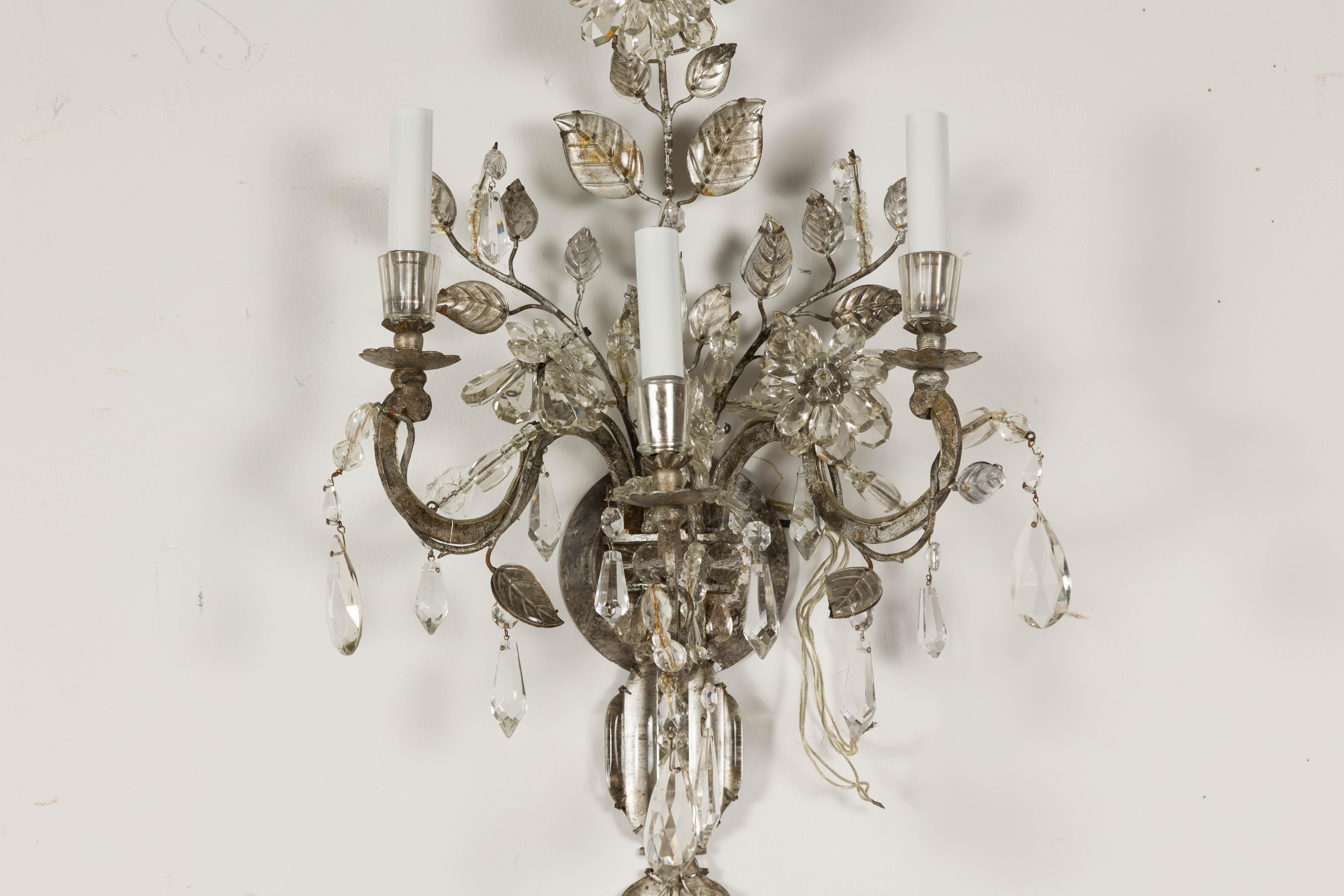 1940s Maison Baguès Crystal Three-Arm Sconces with Floral Motifs, US Wired For Sale 9