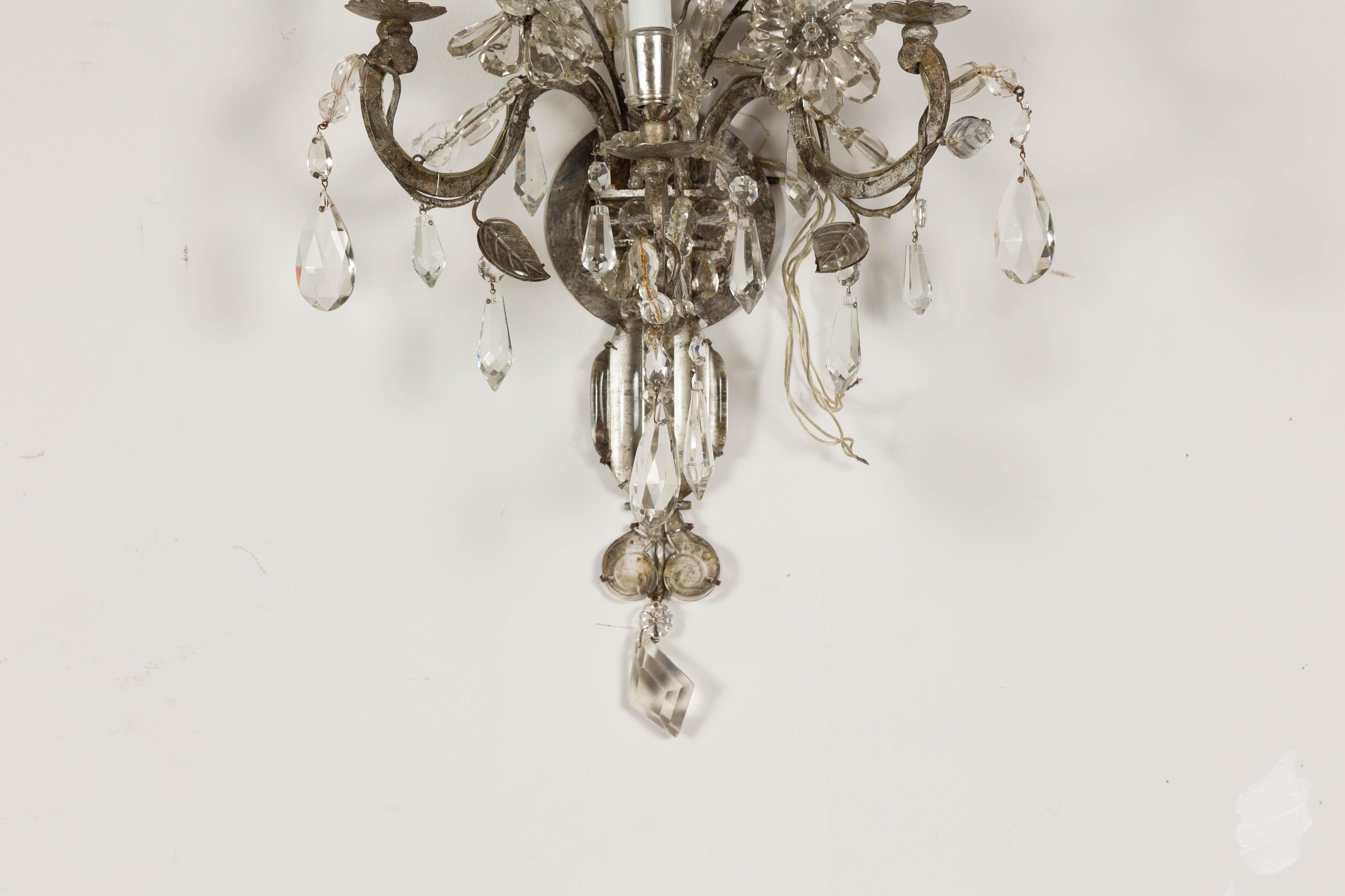 1940s Maison Baguès Crystal Three-Arm Sconces with Floral Motifs, US Wired For Sale 10