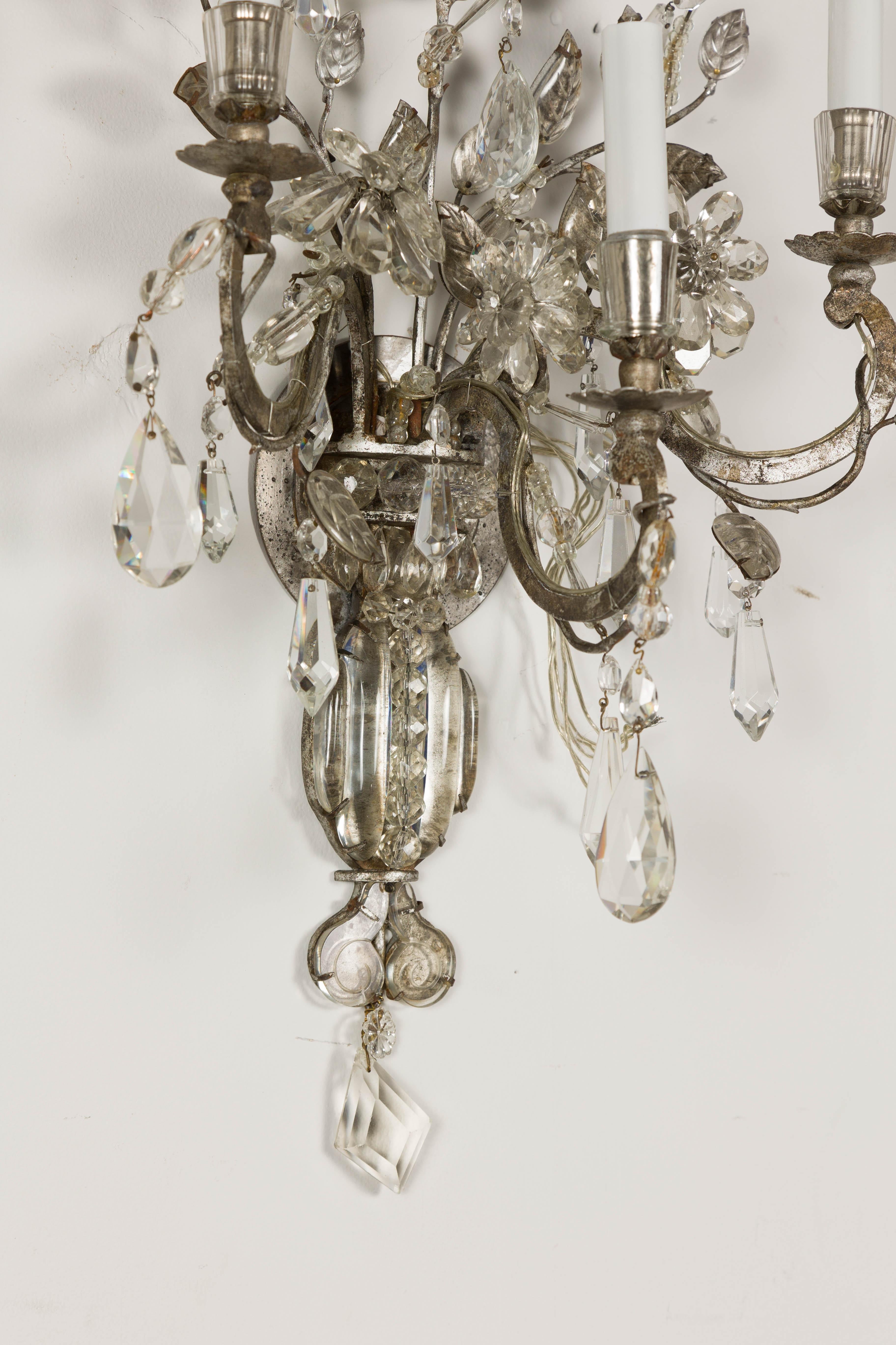 1940s Maison Baguès Crystal Three-Arm Sconces with Floral Motifs, US Wired For Sale 11