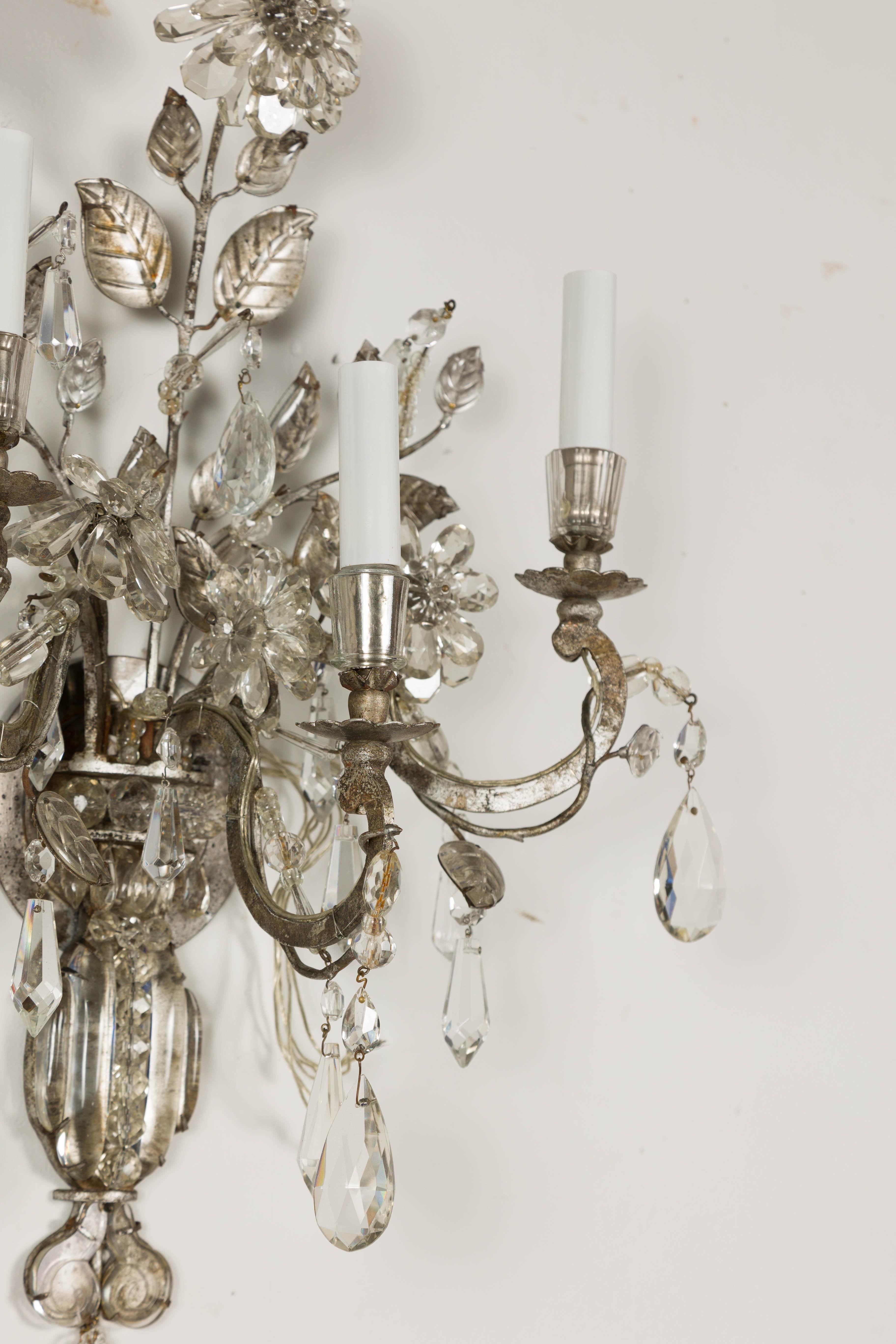 1940s Maison Baguès Crystal Three-Arm Sconces with Floral Motifs, US Wired For Sale 12