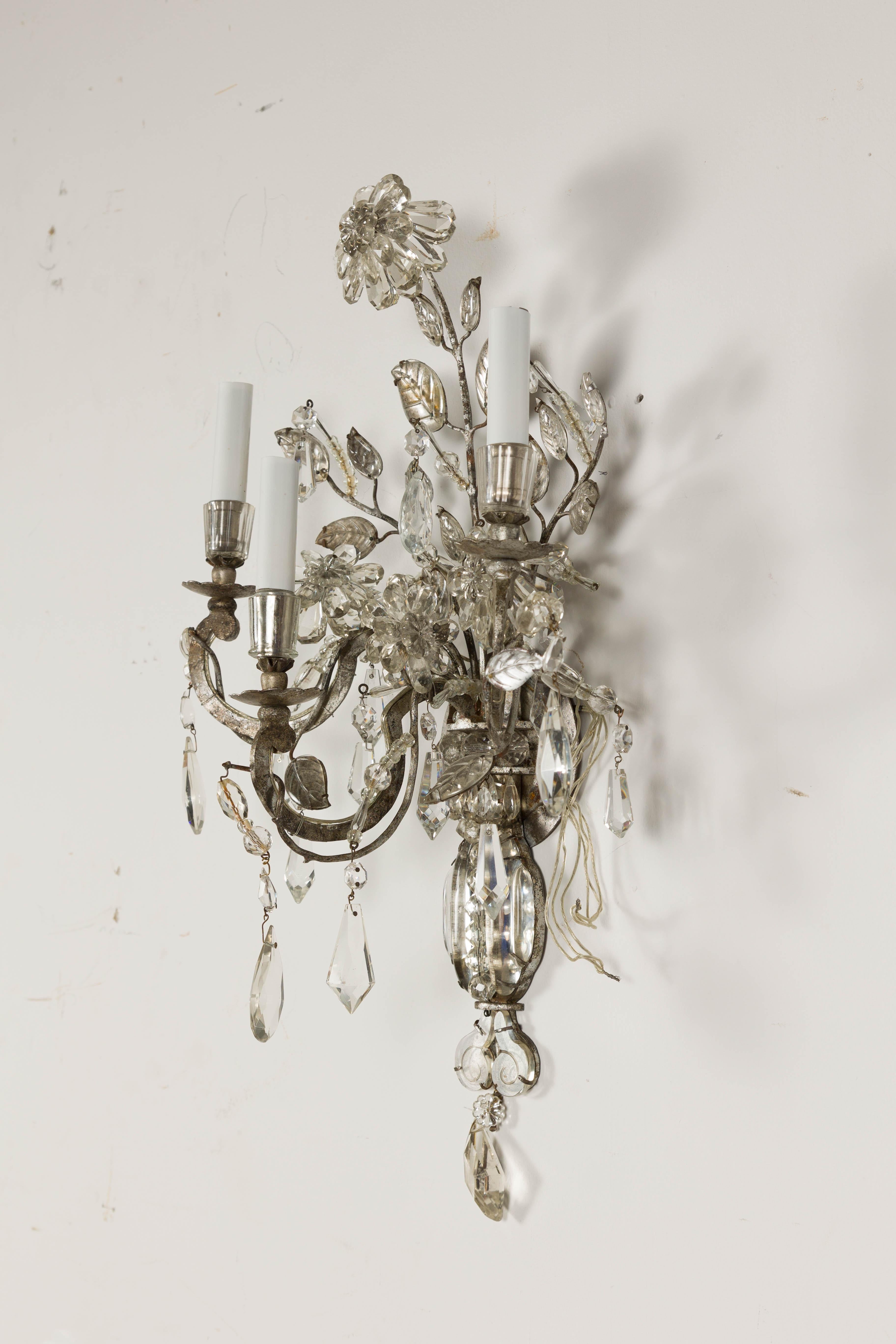 1940s Maison Baguès Crystal Three-Arm Sconces with Floral Motifs, US Wired For Sale 13