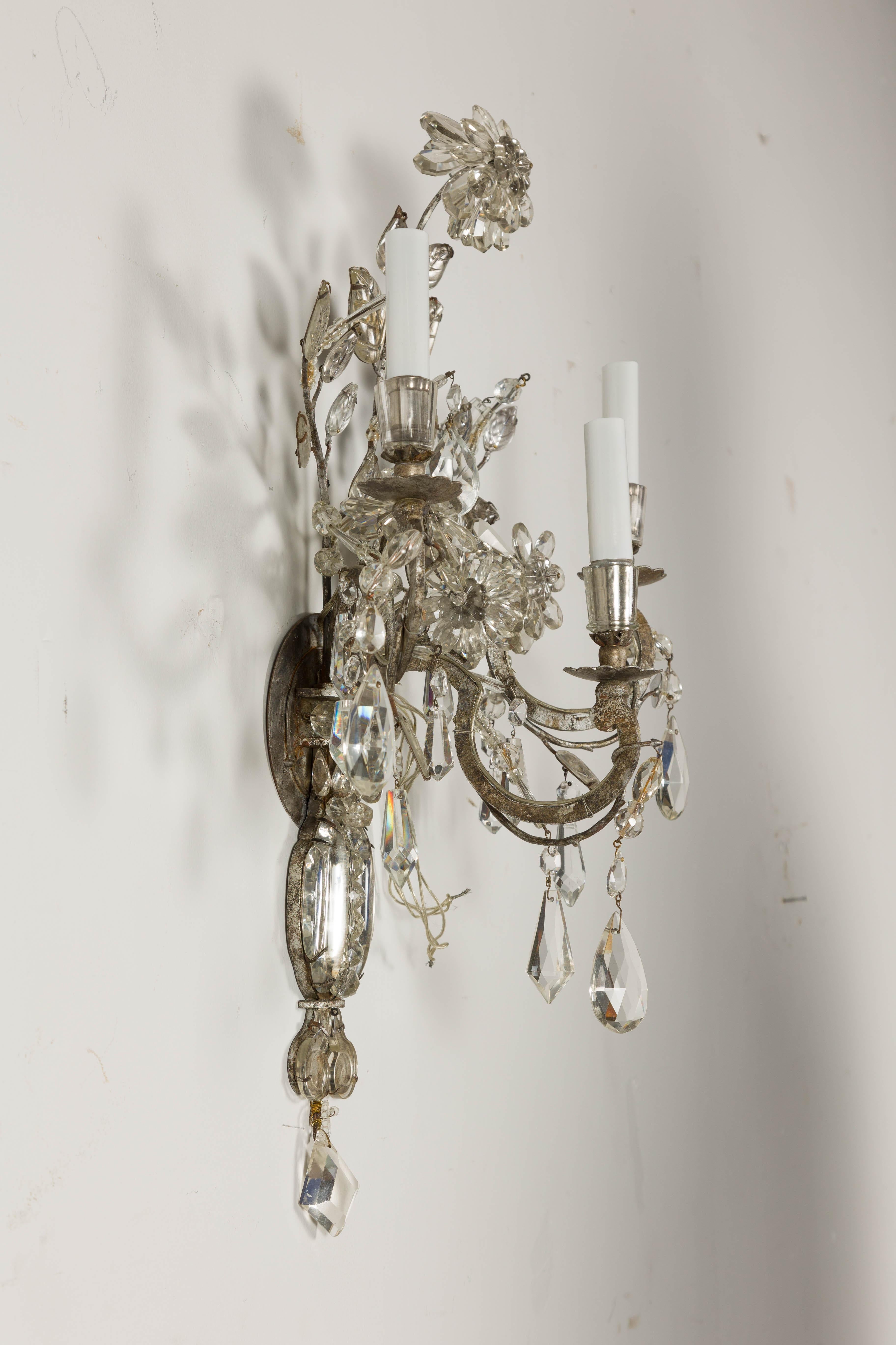 1940s Maison Baguès Crystal Three-Arm Sconces with Floral Motifs, US Wired For Sale 14