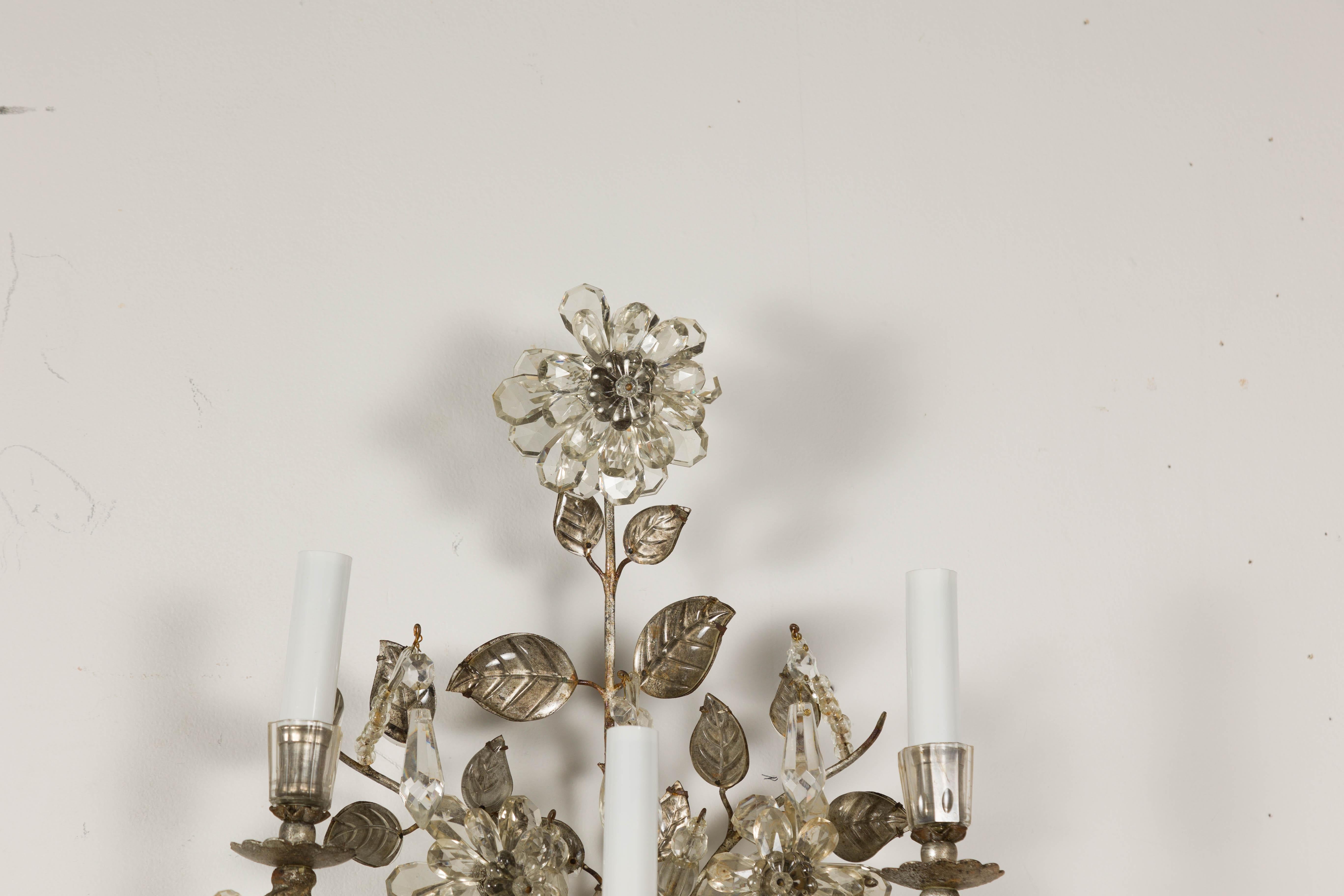 French 1940s Maison Baguès Crystal Three-Arm Sconces with Floral Motifs, US Wired For Sale