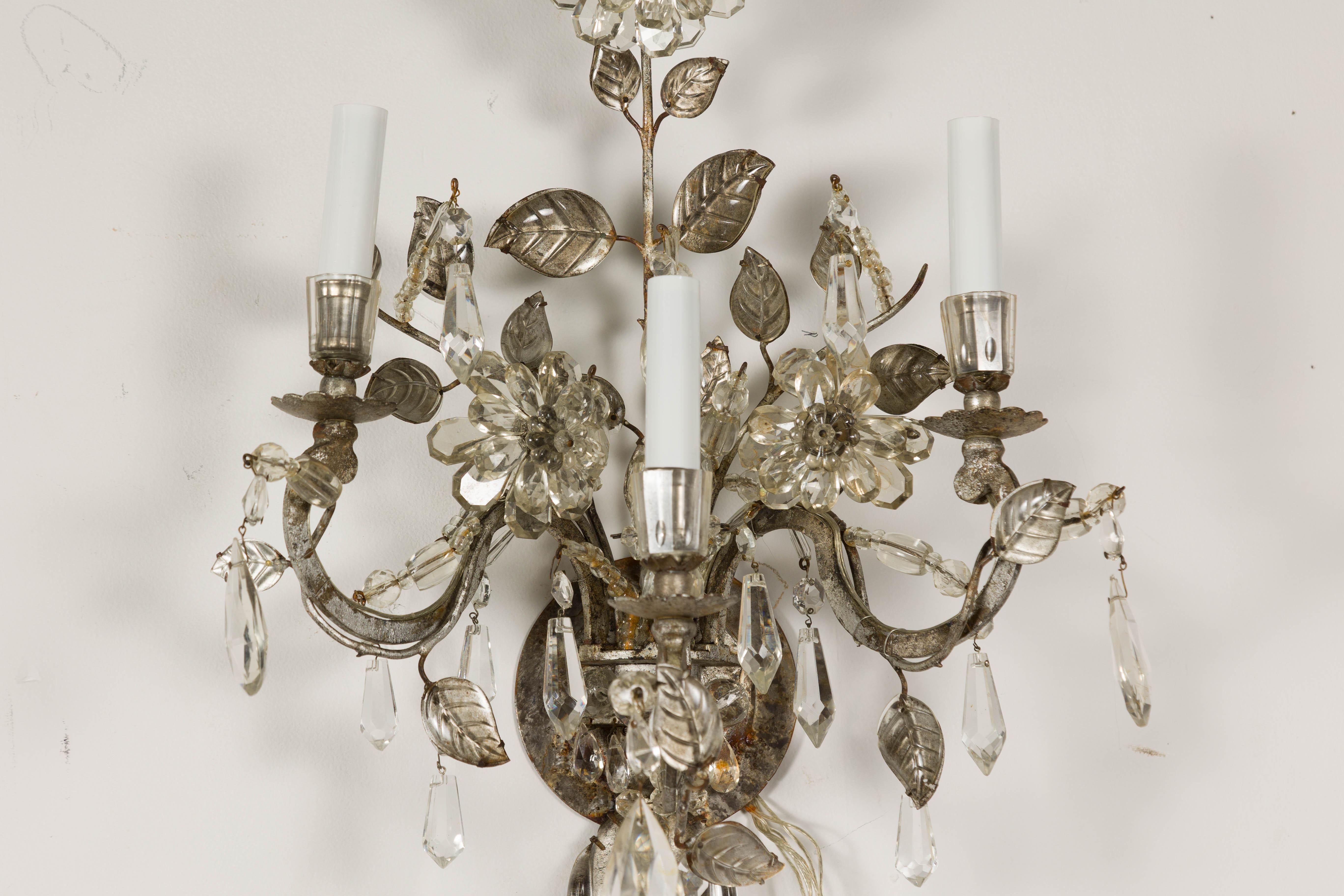 1940s Maison Baguès Crystal Three-Arm Sconces with Floral Motifs, US Wired In Good Condition For Sale In Atlanta, GA