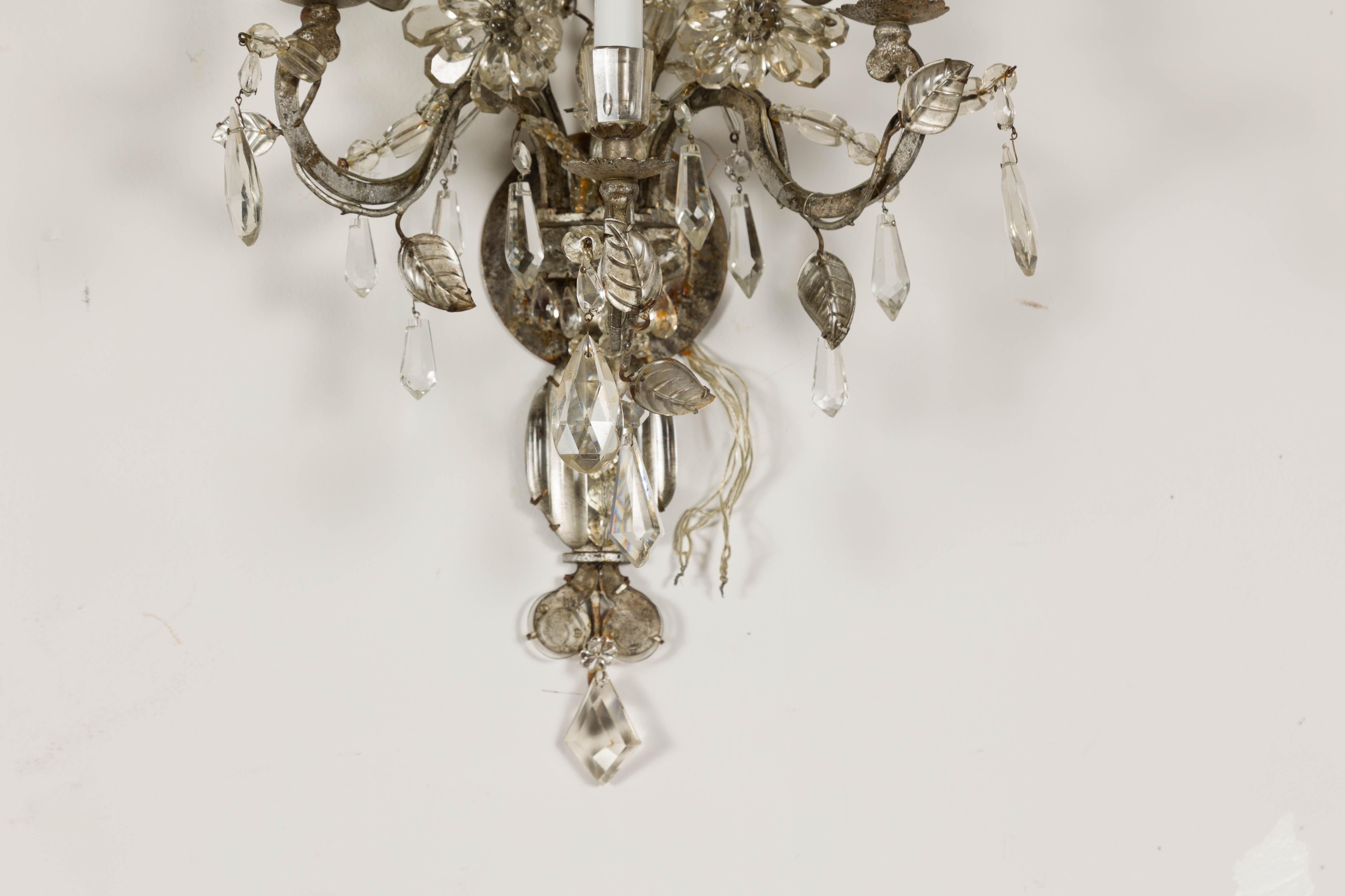 20th Century 1940s Maison Baguès Crystal Three-Arm Sconces with Floral Motifs, US Wired For Sale