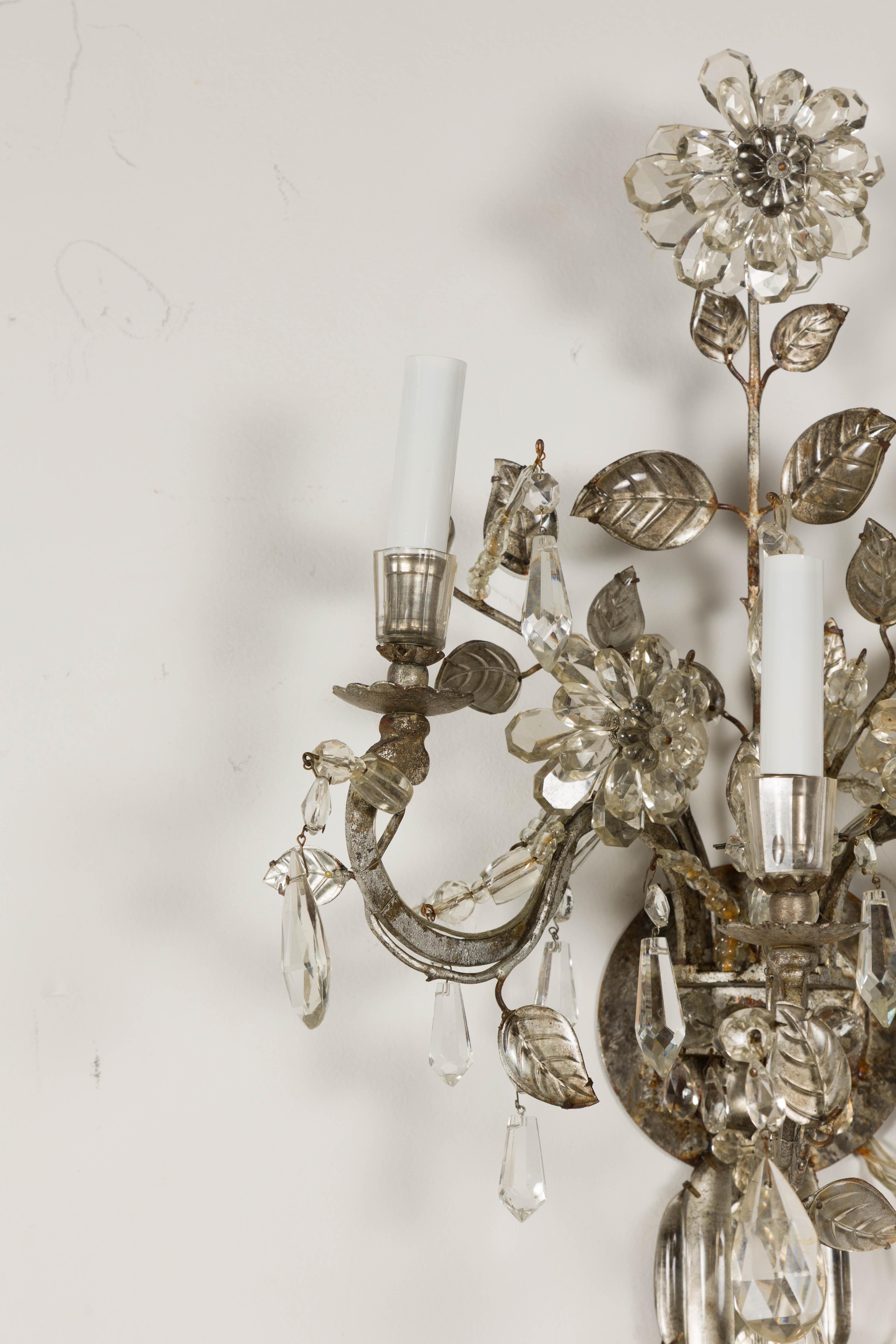 1940s Maison Baguès Crystal Three-Arm Sconces with Floral Motifs, US Wired For Sale 1