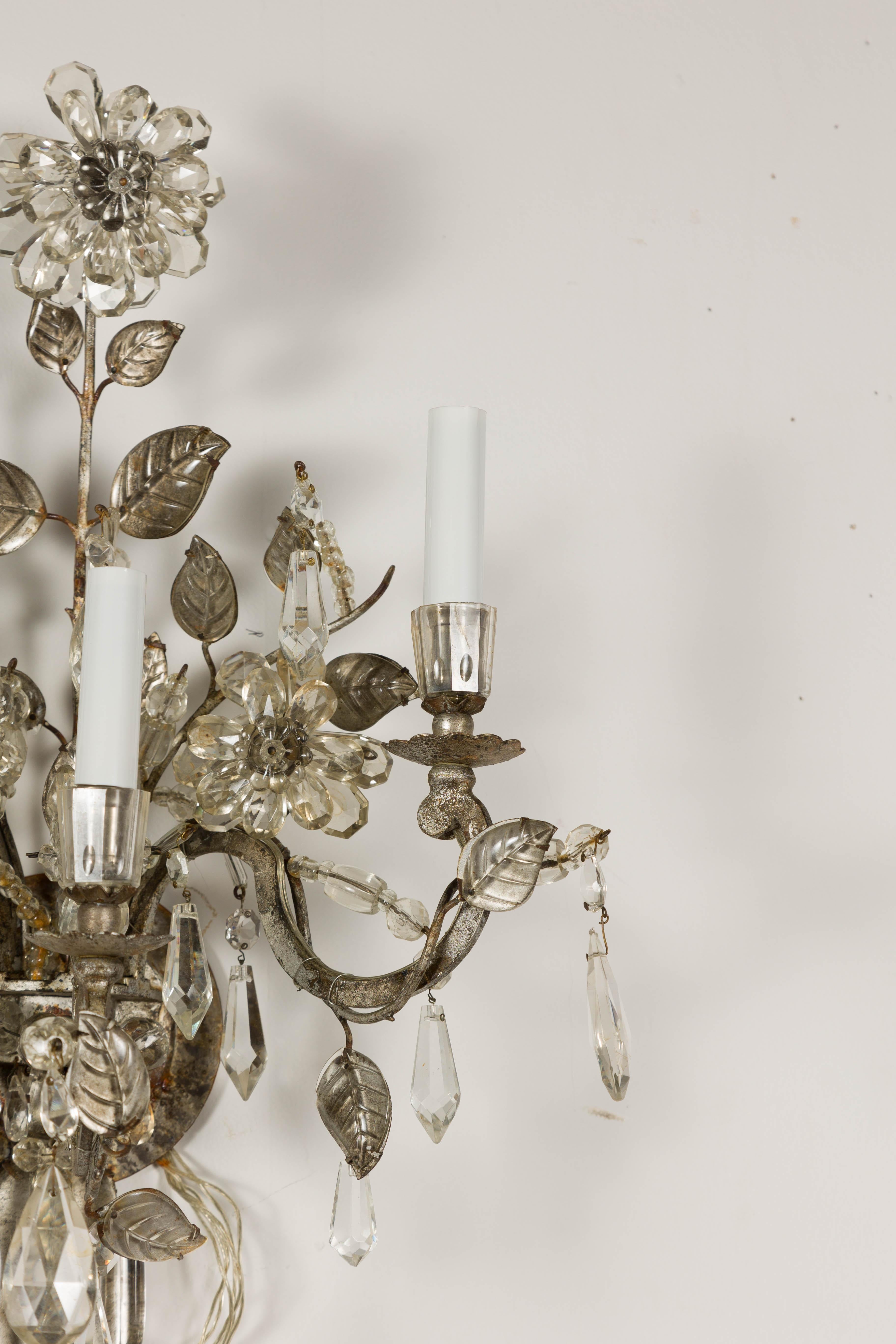1940s Maison Baguès Crystal Three-Arm Sconces with Floral Motifs, US Wired For Sale 2