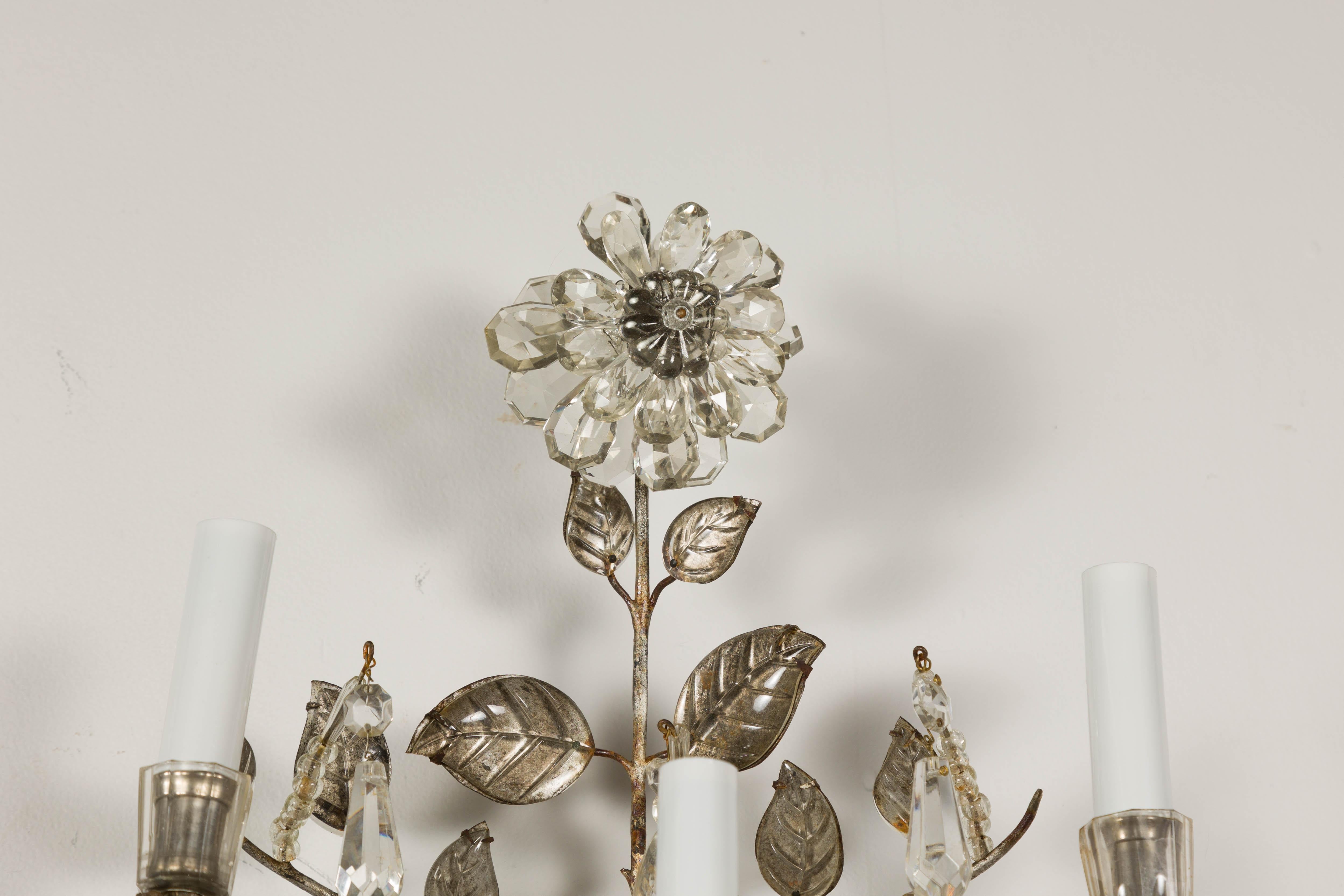 1940s Maison Baguès Crystal Three-Arm Sconces with Floral Motifs, US Wired For Sale 3
