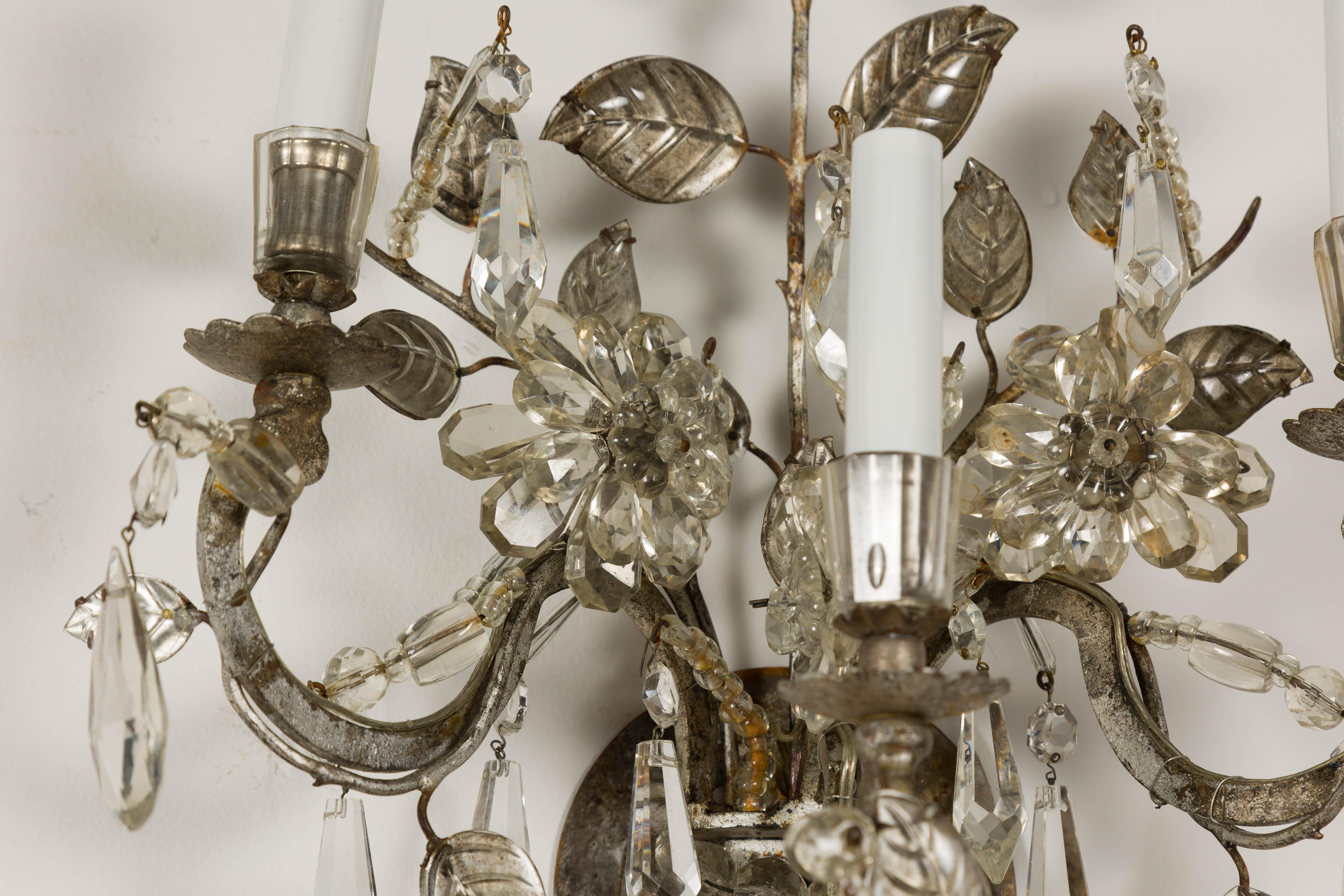 1940s Maison Baguès Crystal Three-Arm Sconces with Floral Motifs, US Wired For Sale 4