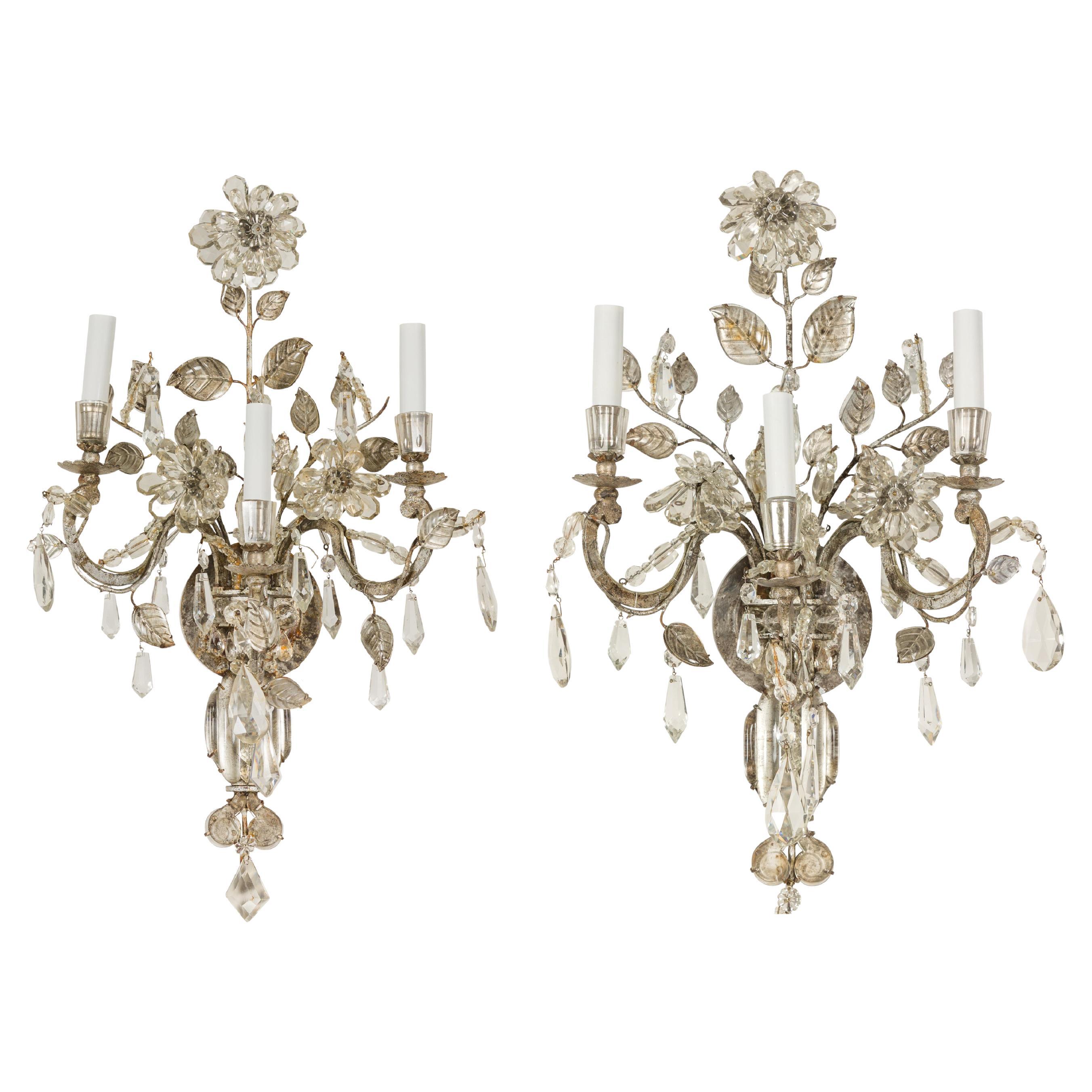 1940s Maison Baguès Crystal Three-Arm Sconces with Floral Motifs, US Wired For Sale