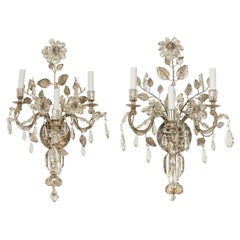 1940s Maison Baguès Crystal Three-Arm Sconces with Floral Motifs, US Wired