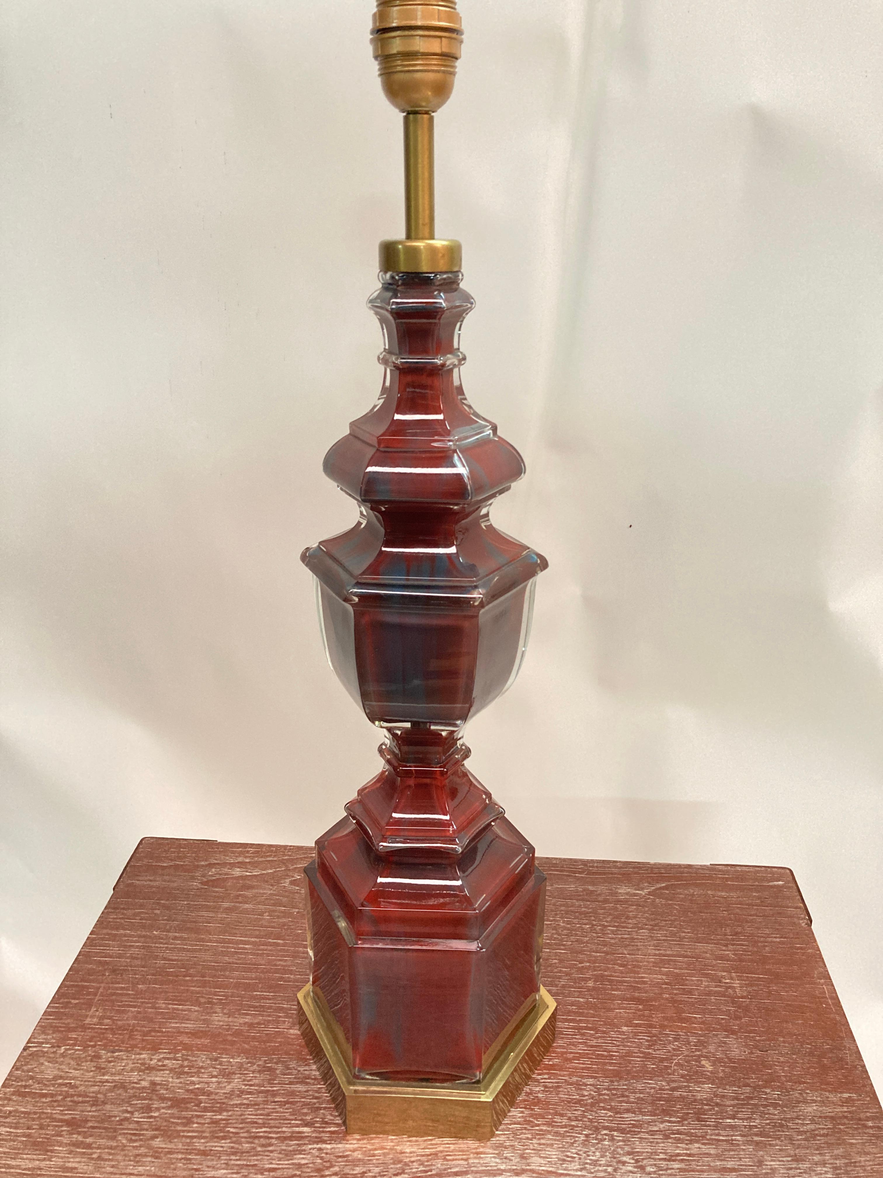 Very rare table lamp with painted glass by Maison Baguès
No shade included 
Dimensions given without shade
