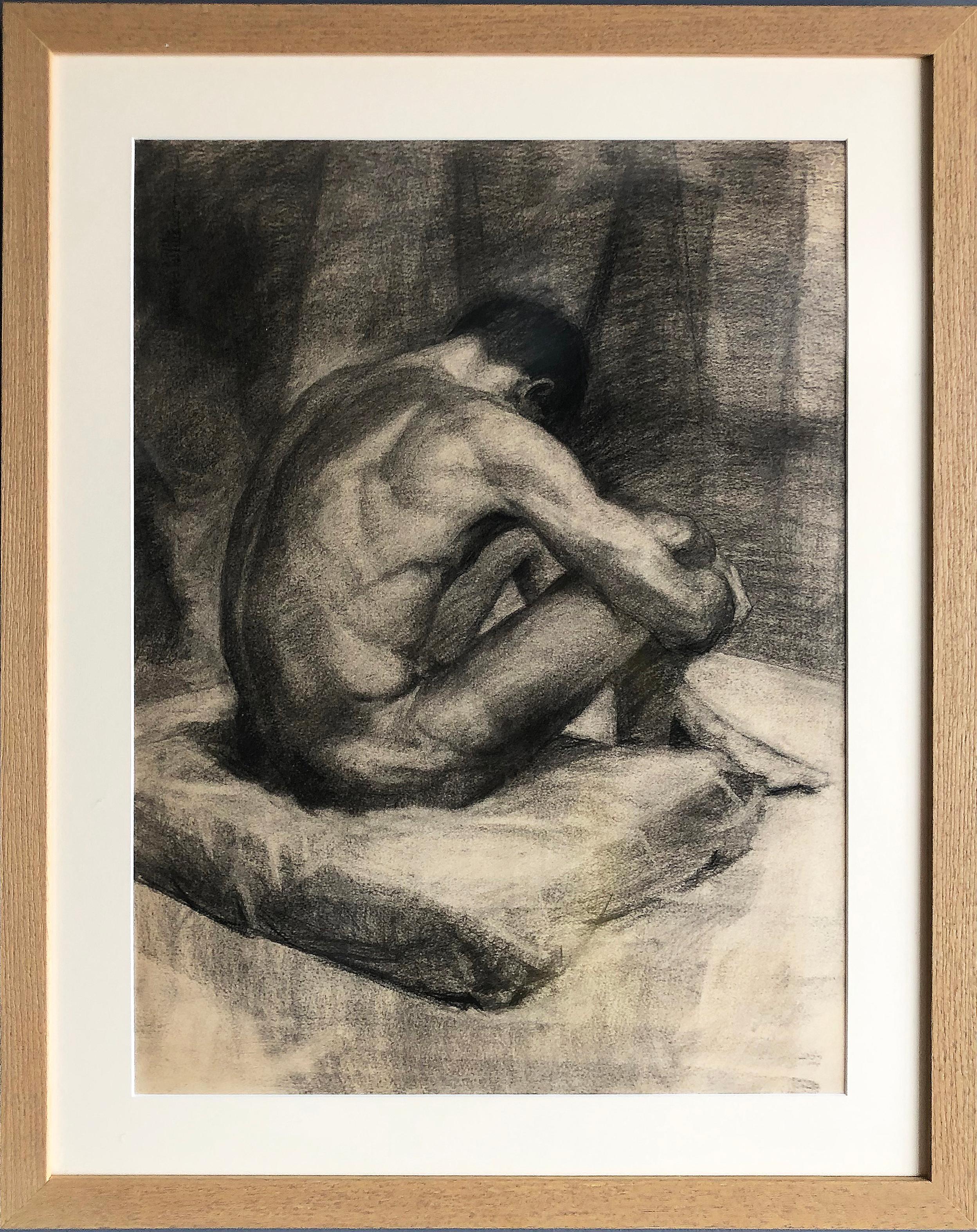 1940s Male Nude Art Study Drawing in Charcoal on Paper In Good Condition In Miami, FL