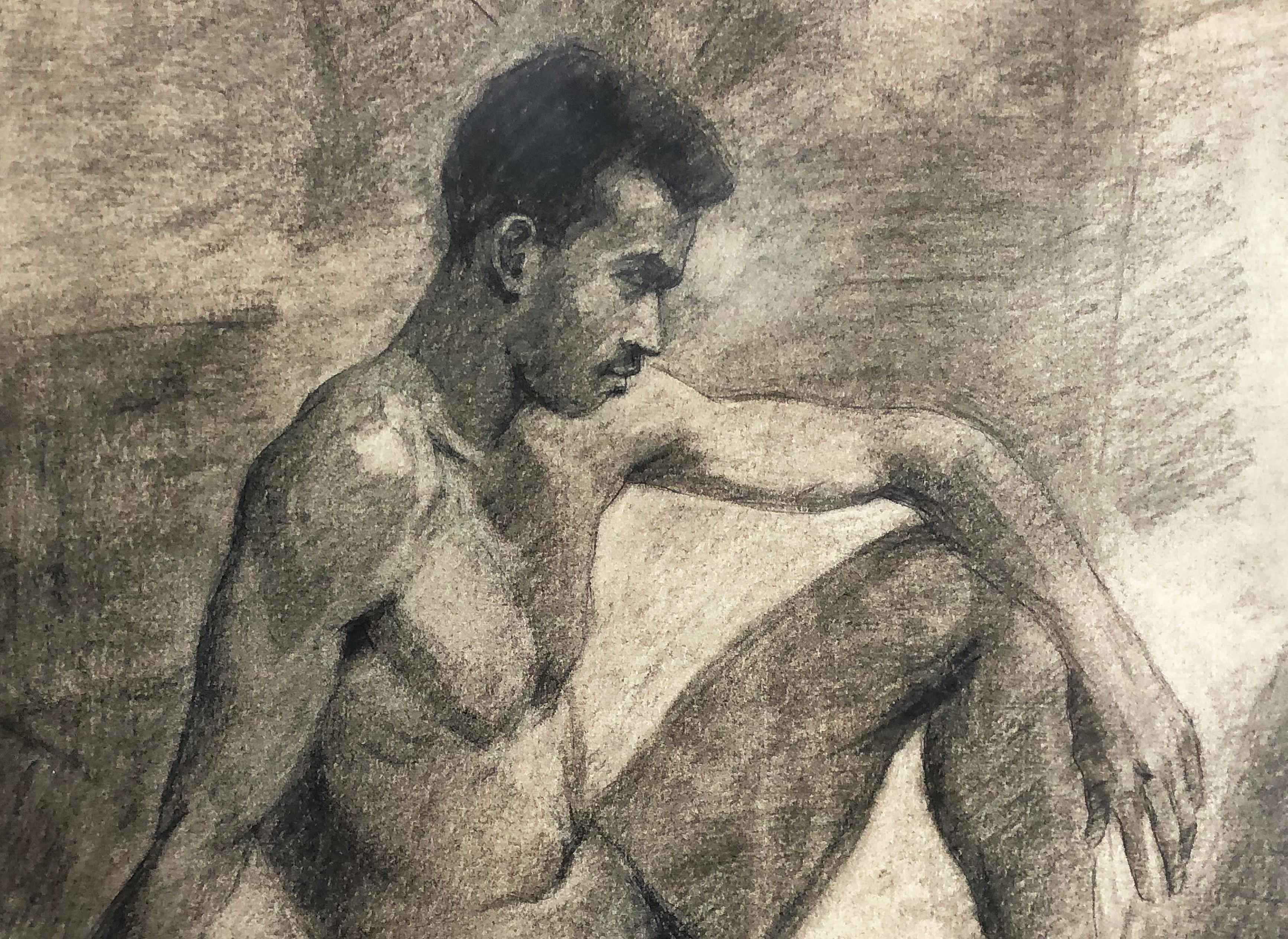 Dessin d'étude d'un nu masculin des années 1940 au fusain sur papier Bon état - En vente à Miami, FL