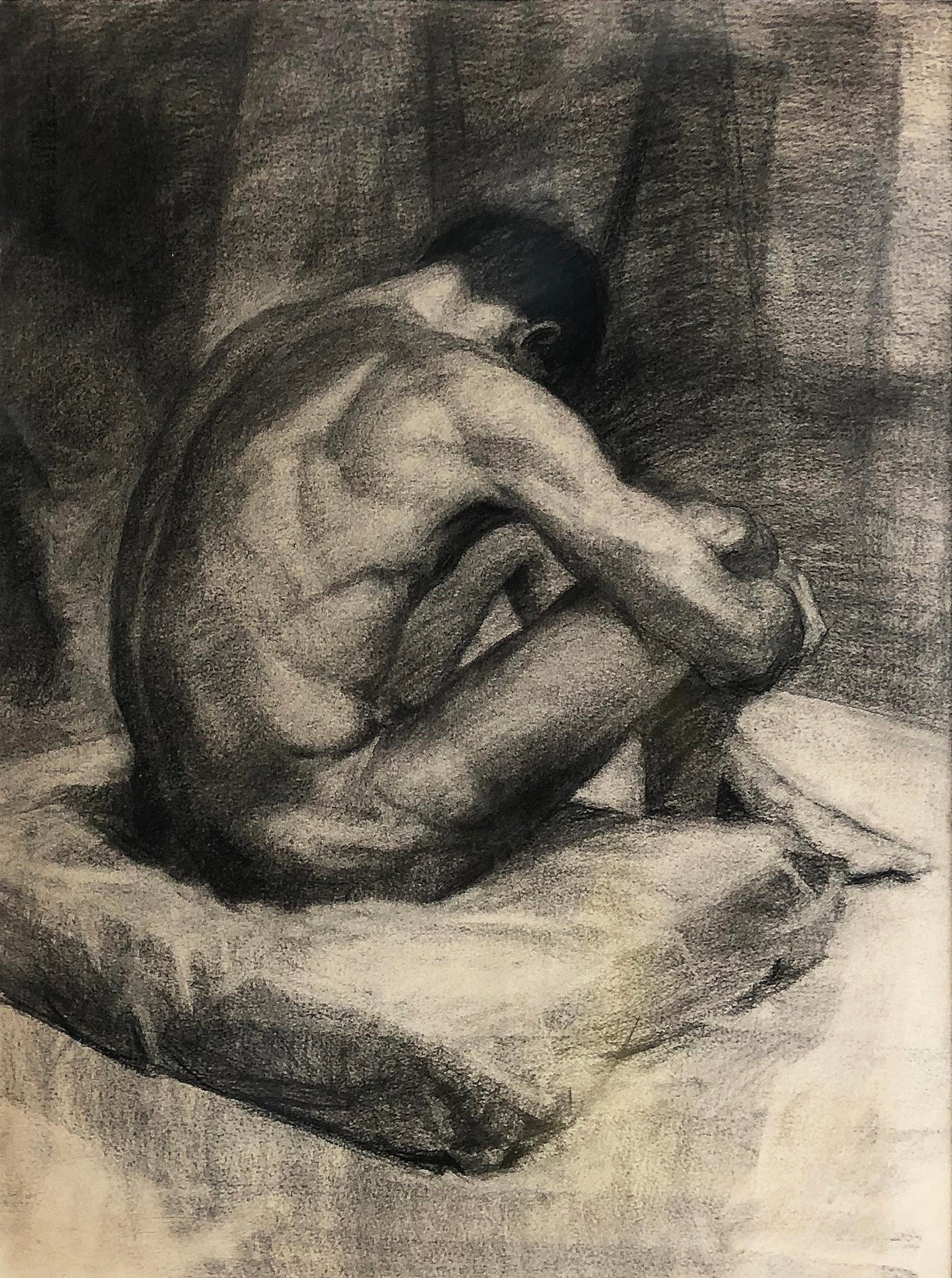 Mid-20th Century 1940s Male Nude Art Study Drawing in Charcoal on Paper