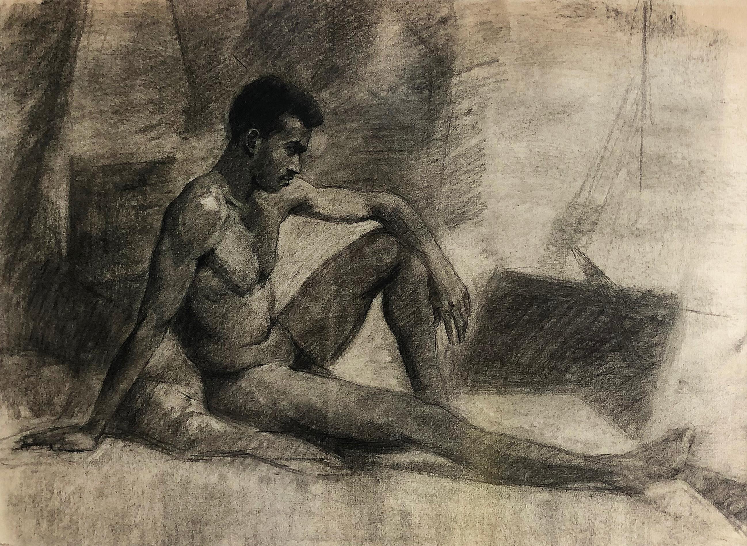 1940s Male Nude Art Study Drawing in Charcoal on Paper In Good Condition For Sale In Miami, FL