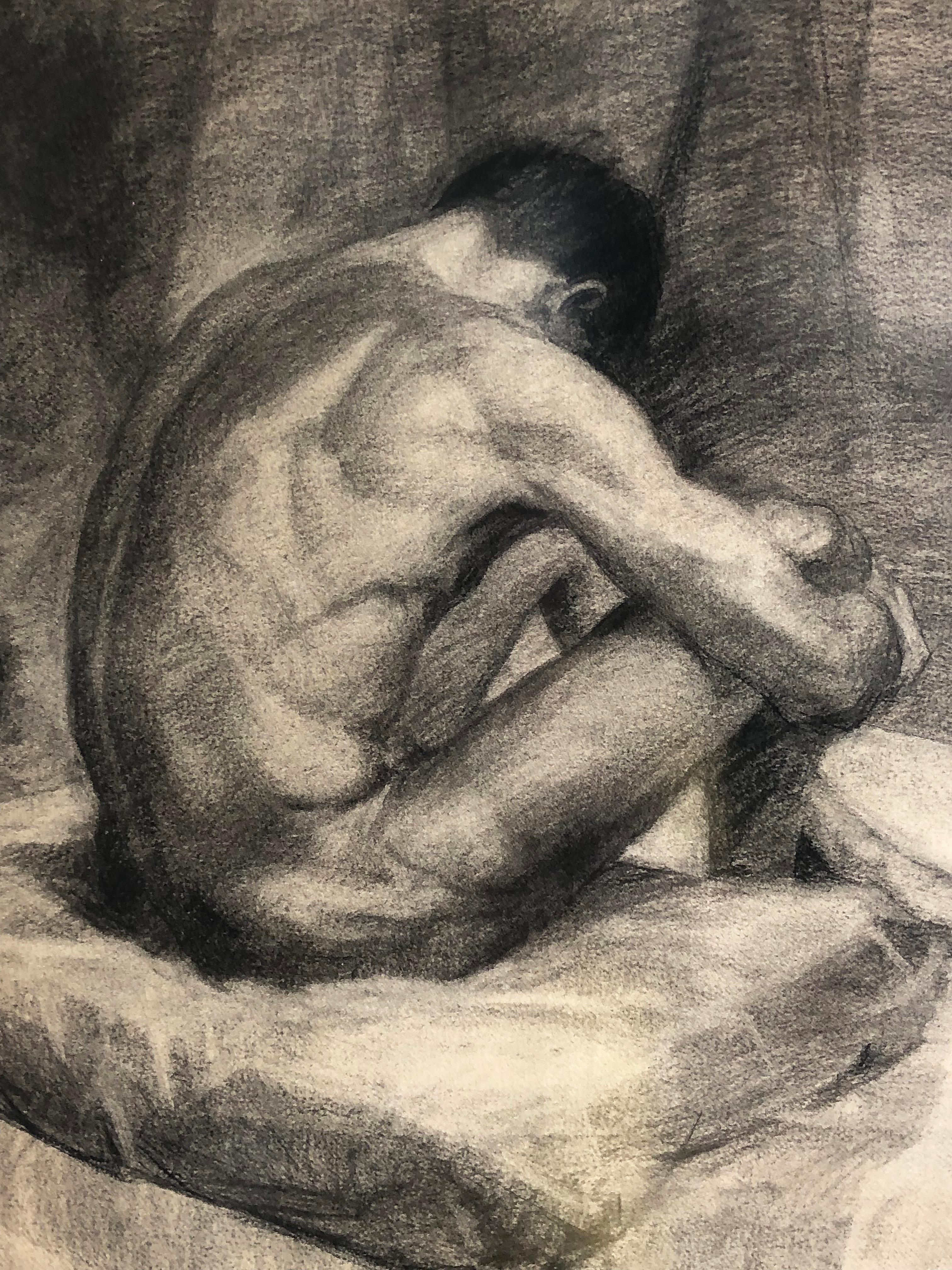 Plexiglass 1940s Male Nude Art Study Drawing in Charcoal on Paper