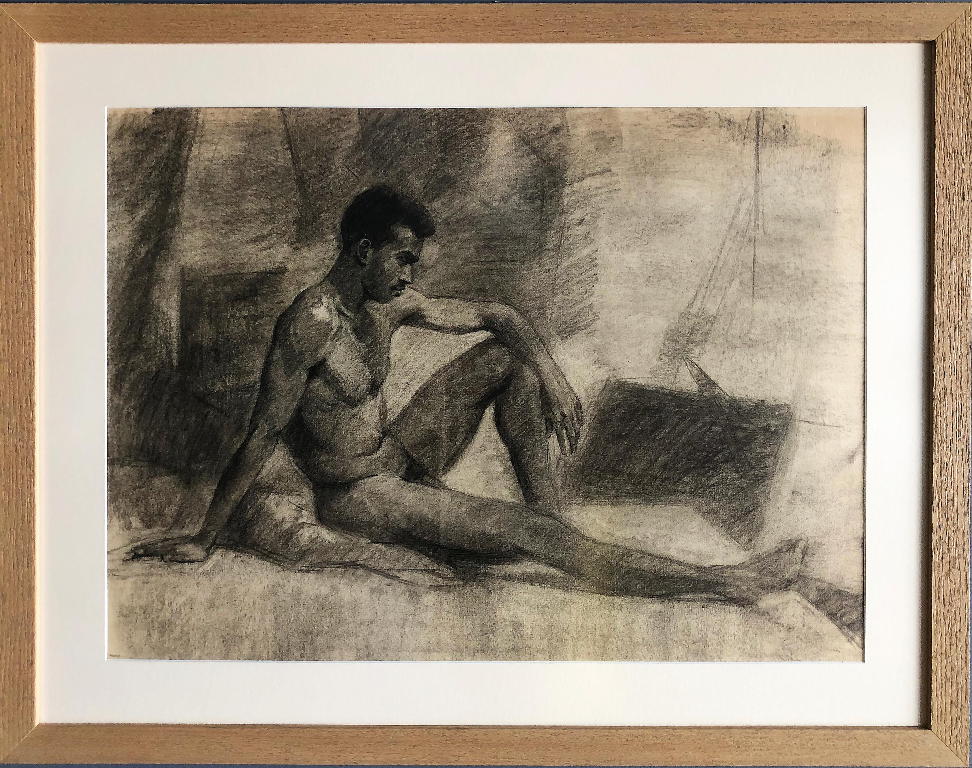 Plexiglas Dessin d'étude d'un nu masculin des années 1940 au fusain sur papier en vente