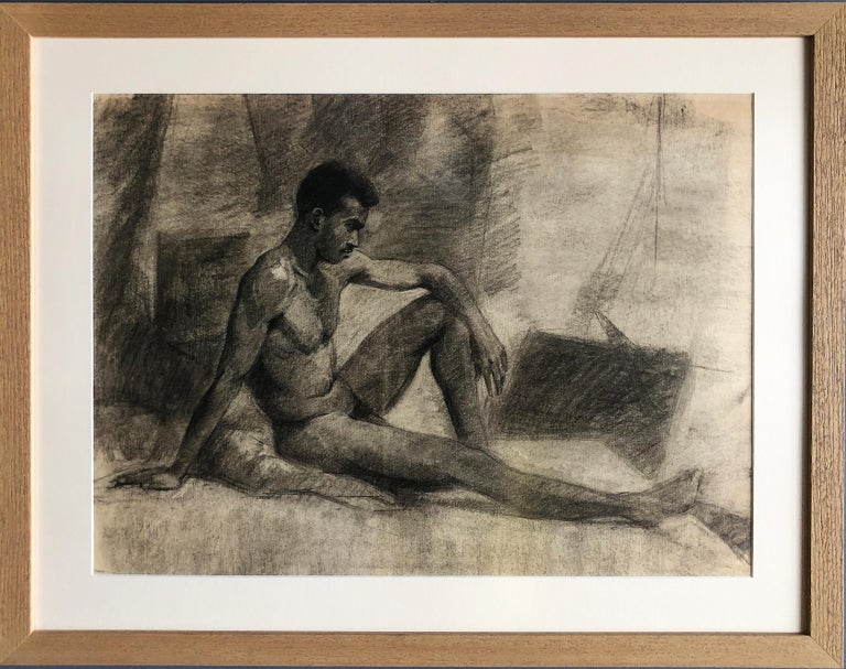 Plexiglass 1940s Male Nude Art Study Drawing in Charcoal on Paper For Sale