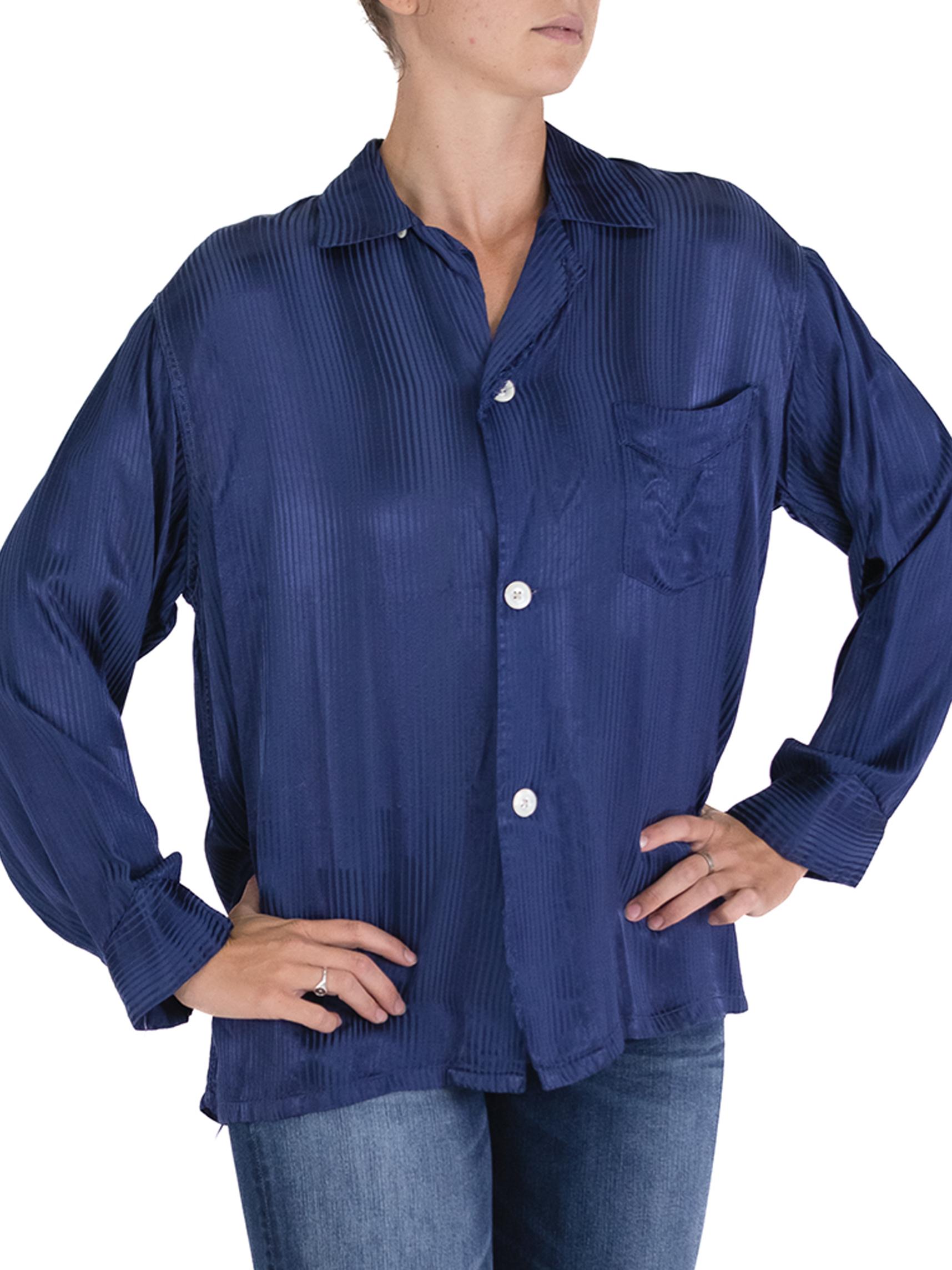 1940S MANHATTAN Navy Blue Rayon Satin Striped Pajama Top For Sale 1