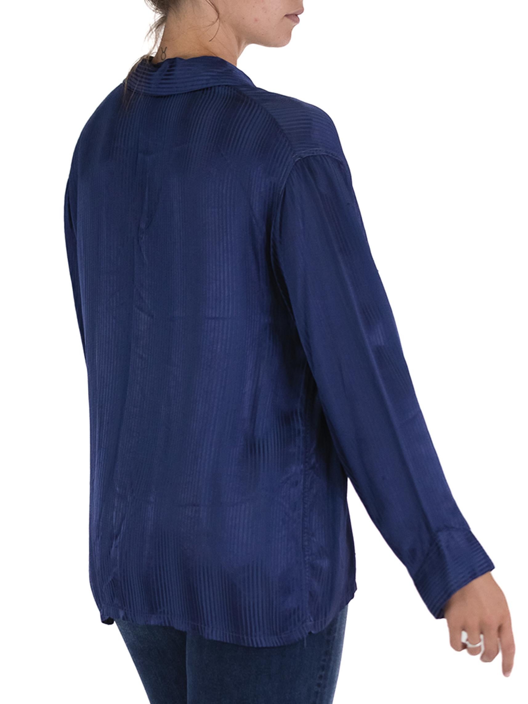 1940S MANHATTAN Navy Blue Rayon Satin Striped Pajama Top For Sale 3