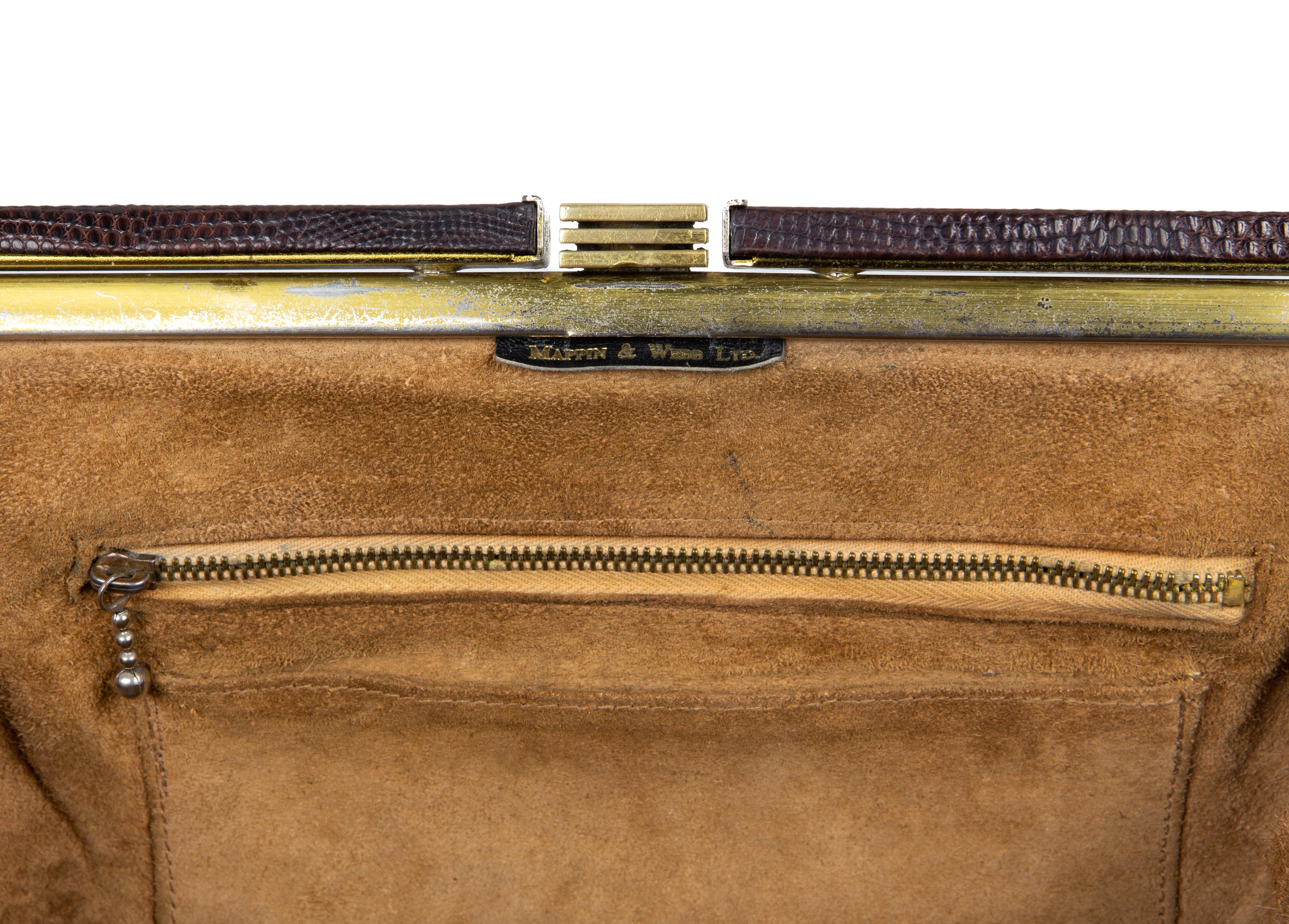 Black 1940s Mappin & Webb Ltd Brown Lizard Handbag For Sale