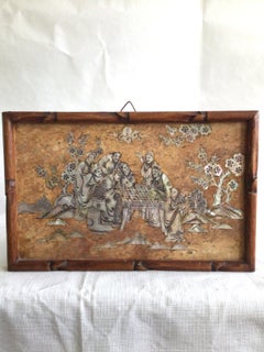 1940s Marble And Mother Of Pearl Inlayed Asian Scene In Carved Faux Bamboo Frame