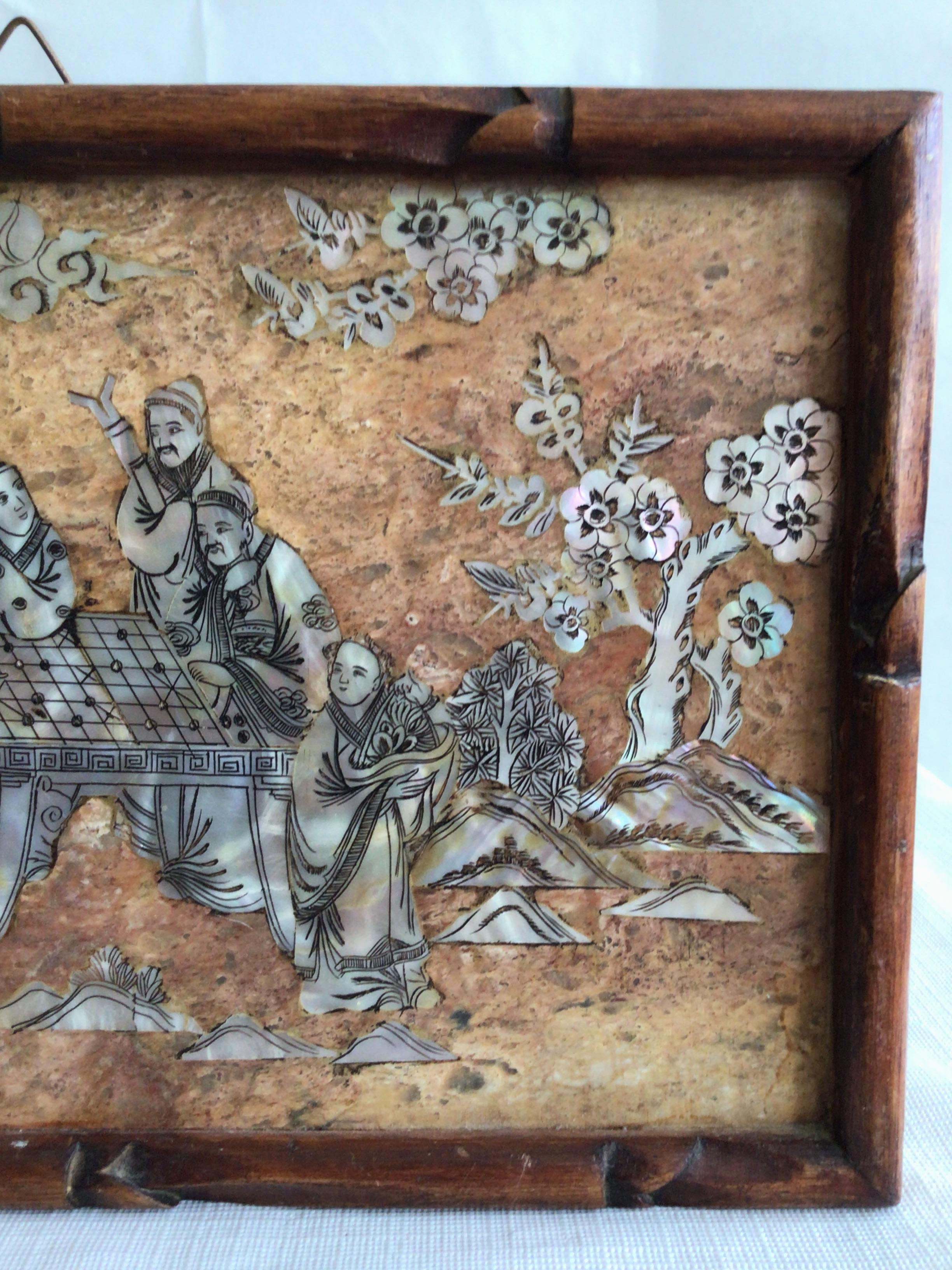 Mid-20th Century 1940s Marble And Mother Of Pearl Inlayed Asian Scene In Carved Faux Bamboo Frame For Sale