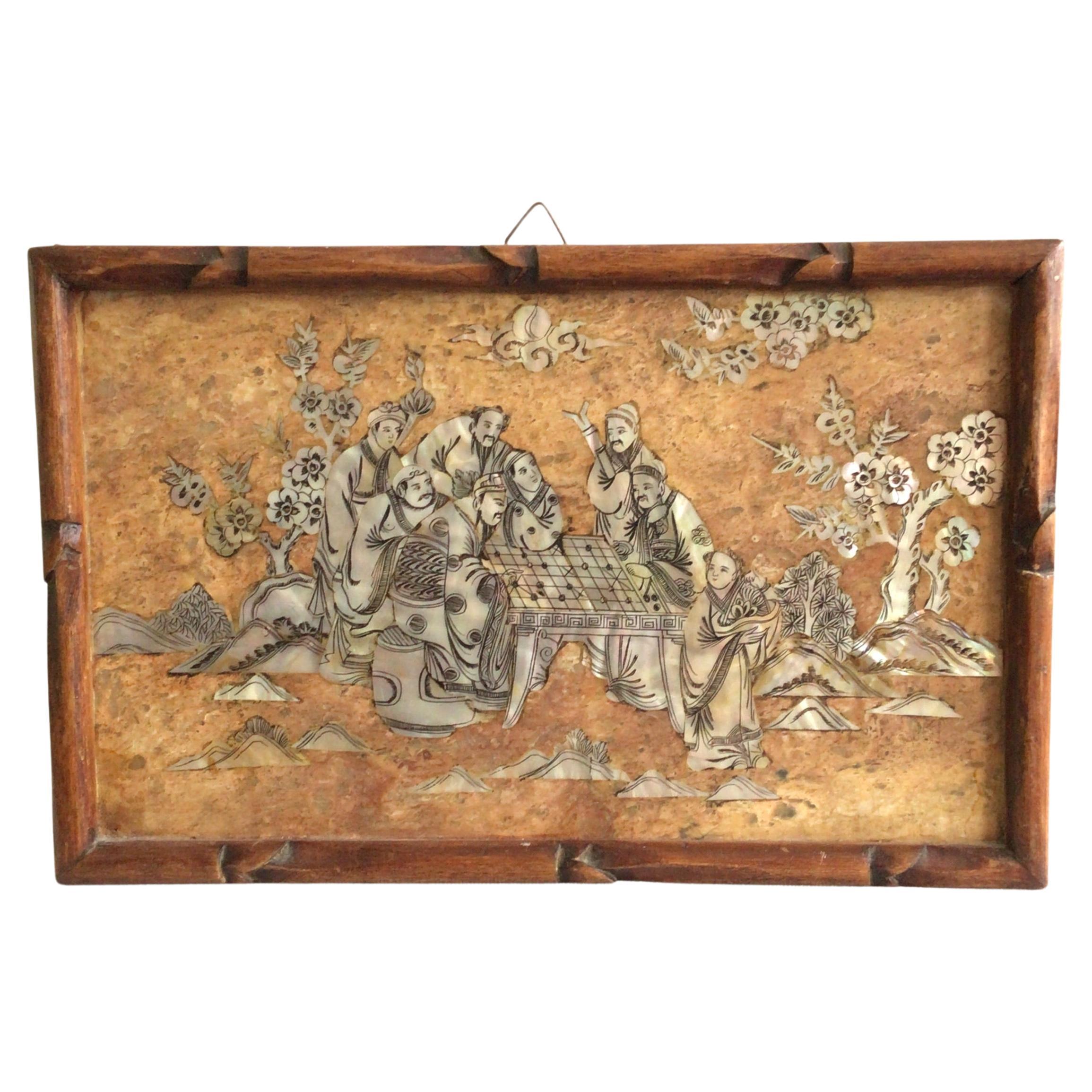 1940s Marble And Mother Of Pearl Inlayed Asian Scene In Carved Faux Bamboo Frame For Sale