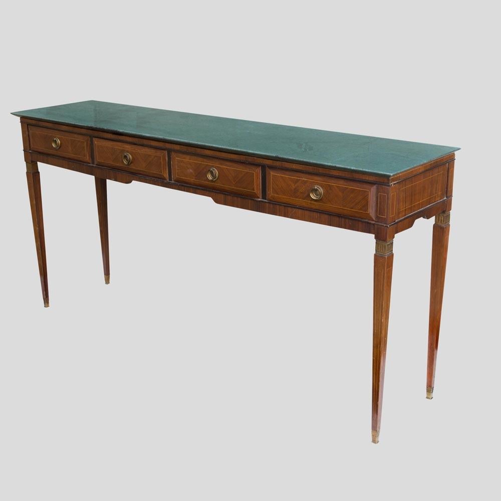 40s Green Marble and Wallnut Wood Console Table Design Attributed to Paolo Buffa In Good Condition For Sale In London, GB