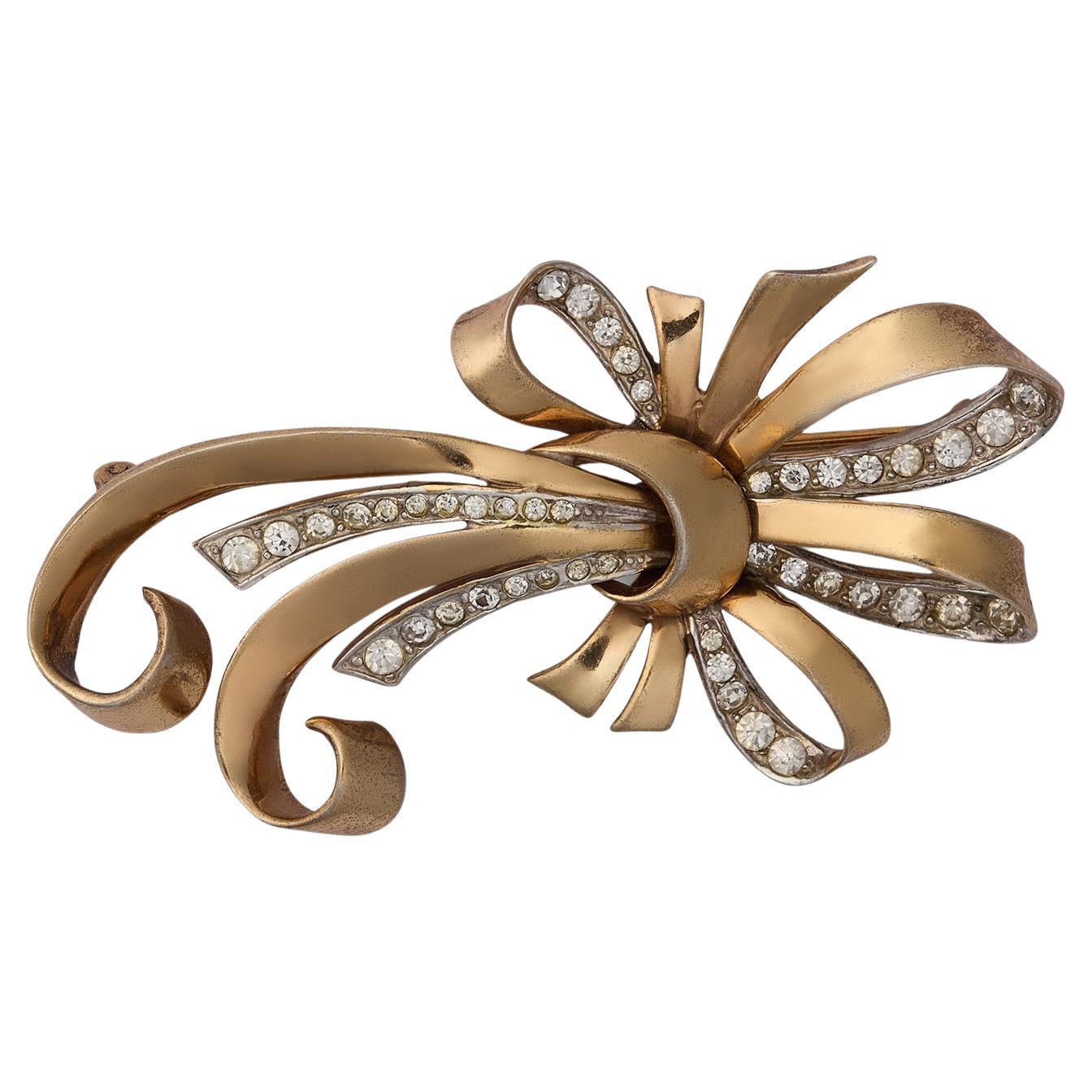 1940s Marcel Boucher Gold-Plated Sterling and Rhinestone Bow Brooch